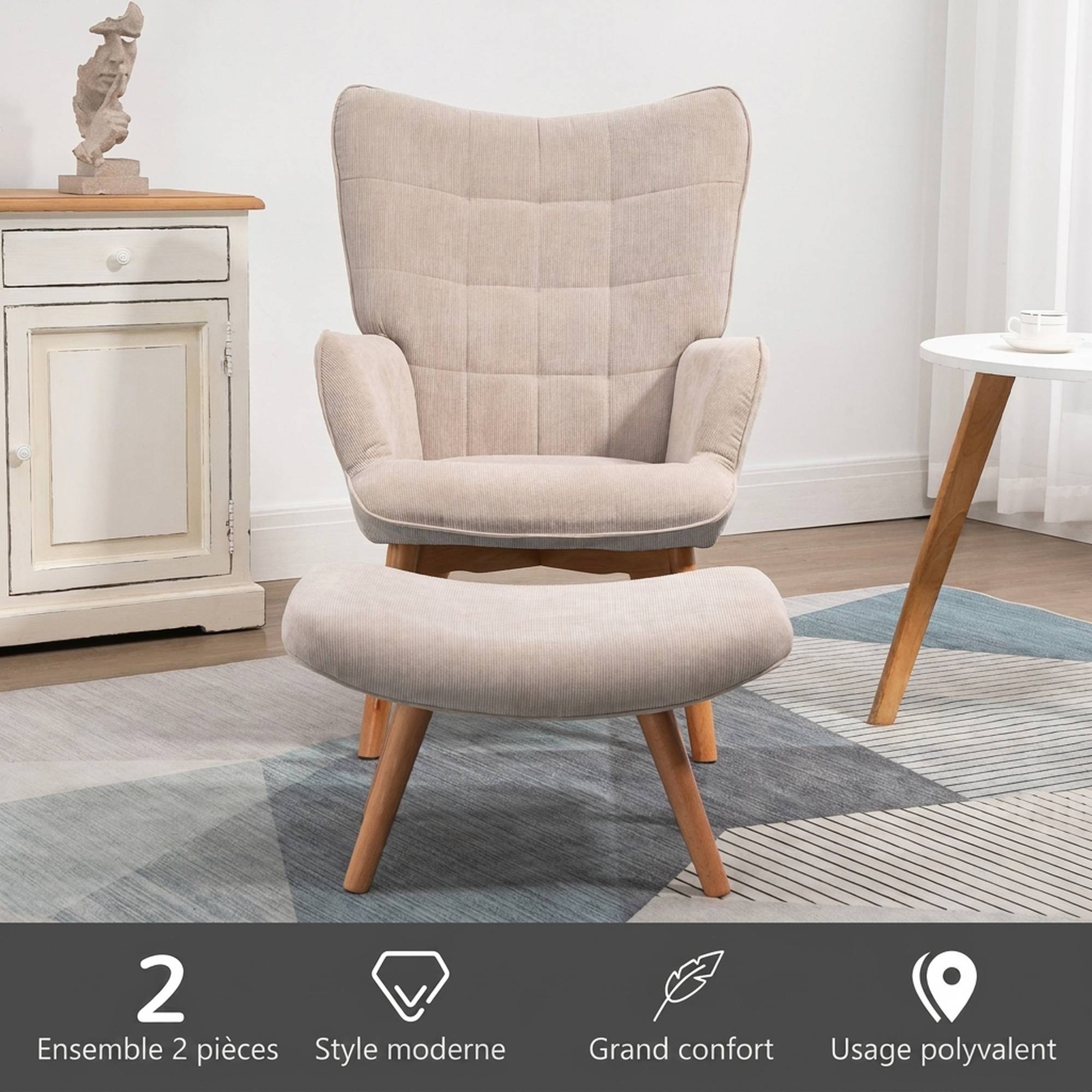 Sans Marque - Fauteuil avec repose pied, dossier haut, pieds en bois et tissu aspect velours côtelé, pour salon chambre à coucher beige - Image 8