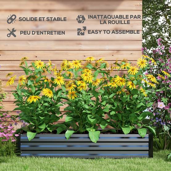 Jardinière rectangulaire potager de jardin bac à fleurs en acier avec bordure de sécurité et fond ouvert noir - Image 9