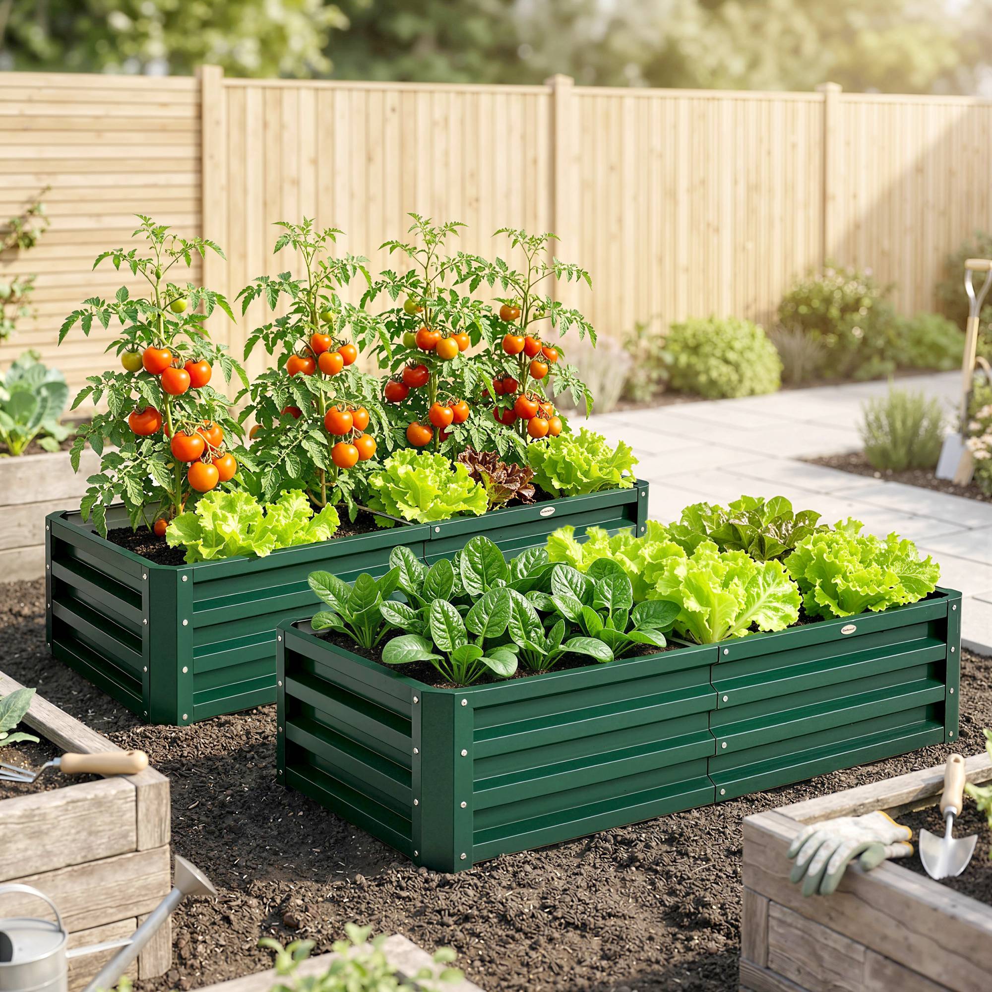 ComfortXL - Lot de 2 carrés potagers rectangulaires en acier galvanisé 120 x 60 x 30,5 cm vert foncé pour jardin et serre - Image 1
