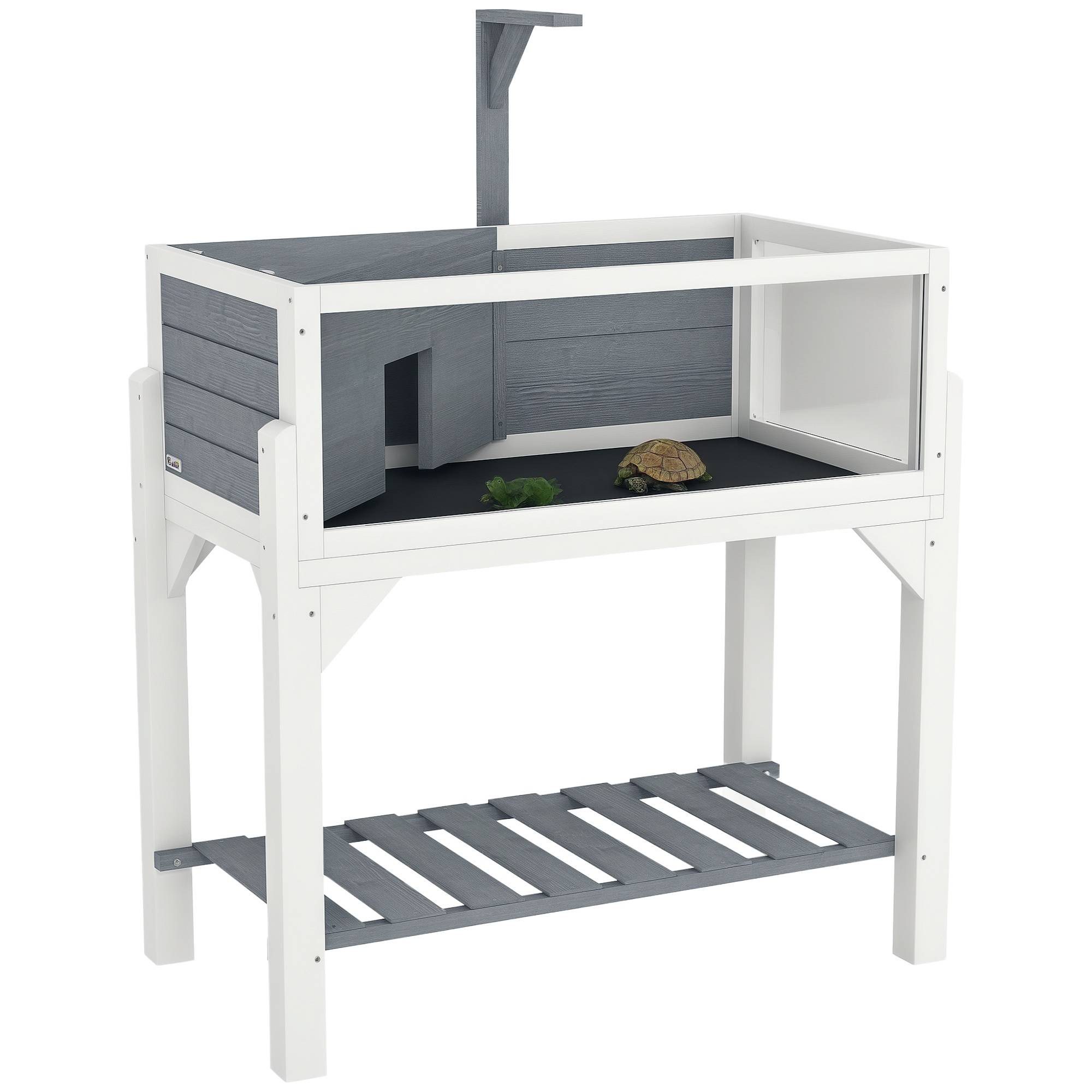 Maison pour tortues terrarium tortue terrestre sur pieds 2 zones toit ouvrant zone interactive 84,5 x 47,5 x 90 cm gris - Image 1