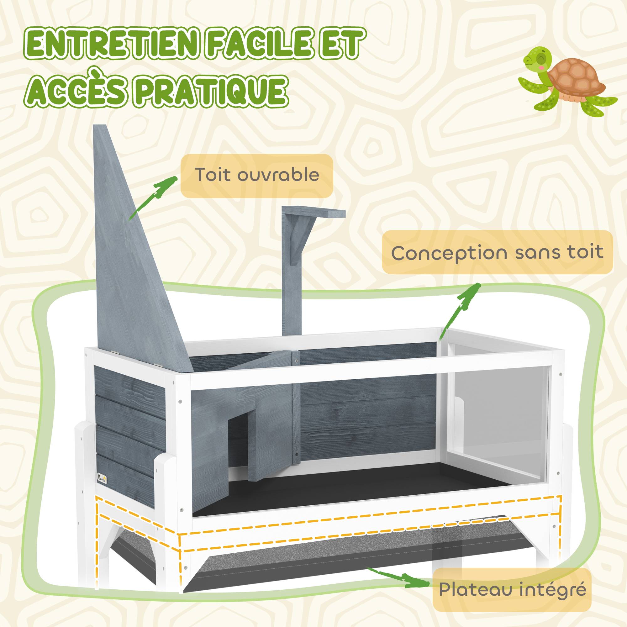 Maison pour tortues terrarium tortue terrestre sur pieds 2 zones toit ouvrant zone interactive 84,5 x 47,5 x 90 cm gris - Image 10