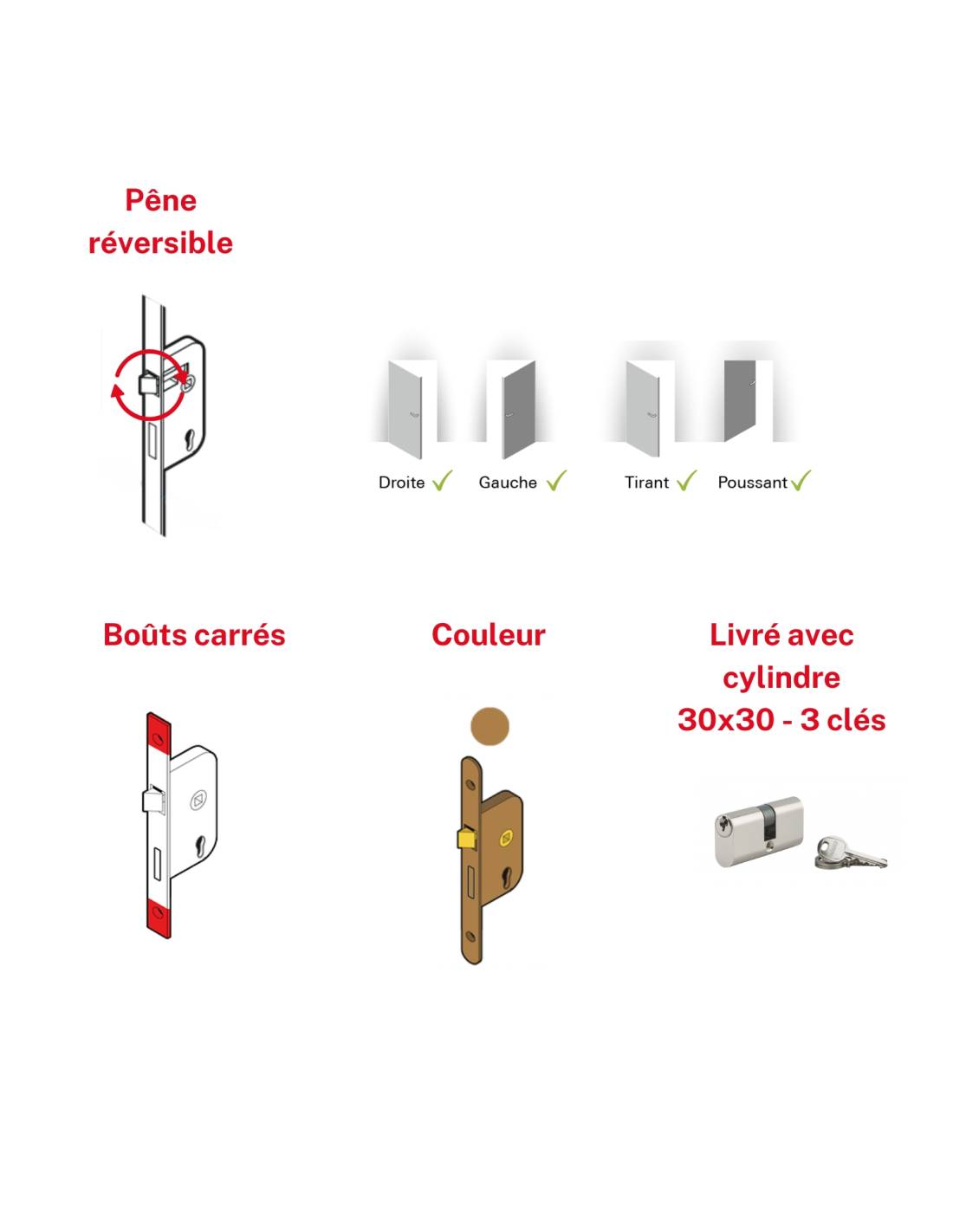 Serrure encastrable pour porte d'entrée avec cylindre en 30x30mm, axe 14mm, 3 clés  - THIRARD - Image 6