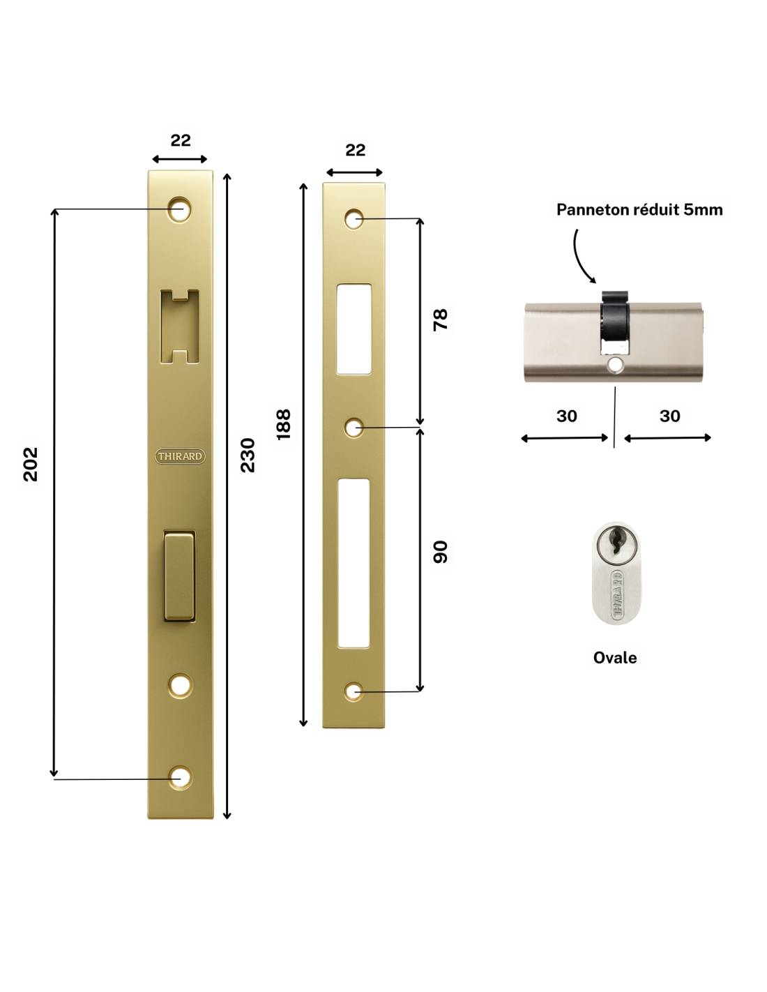 Serrure encastrable pour porte d'entrée avec cylindre en 30x30mm, axe 14mm, 3 clés - THIRARD - Image 3