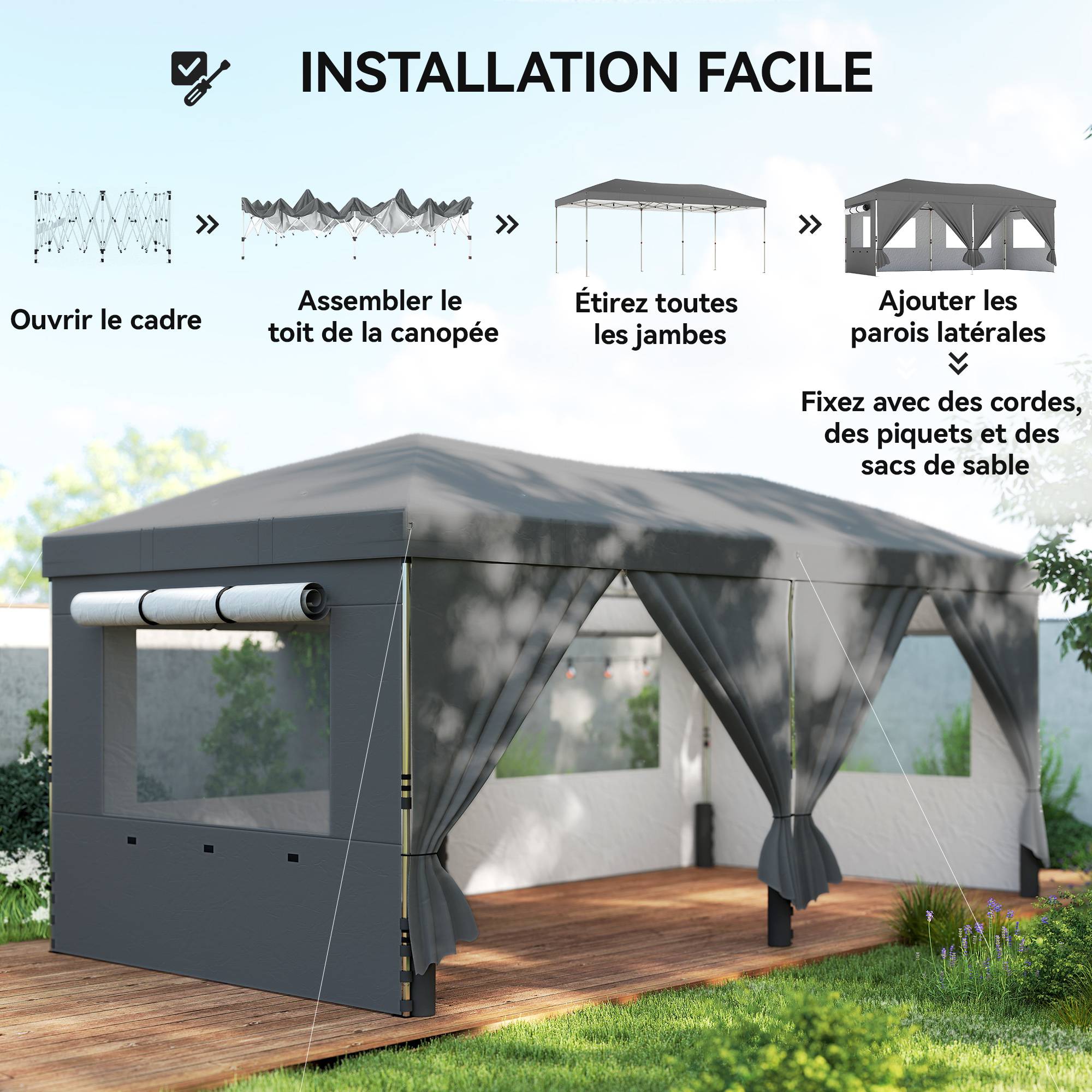 Tonnelle pliante métal et tissu Oxford gris foncé 590 x 297 x 285 cm - PANGIVO - Image 10