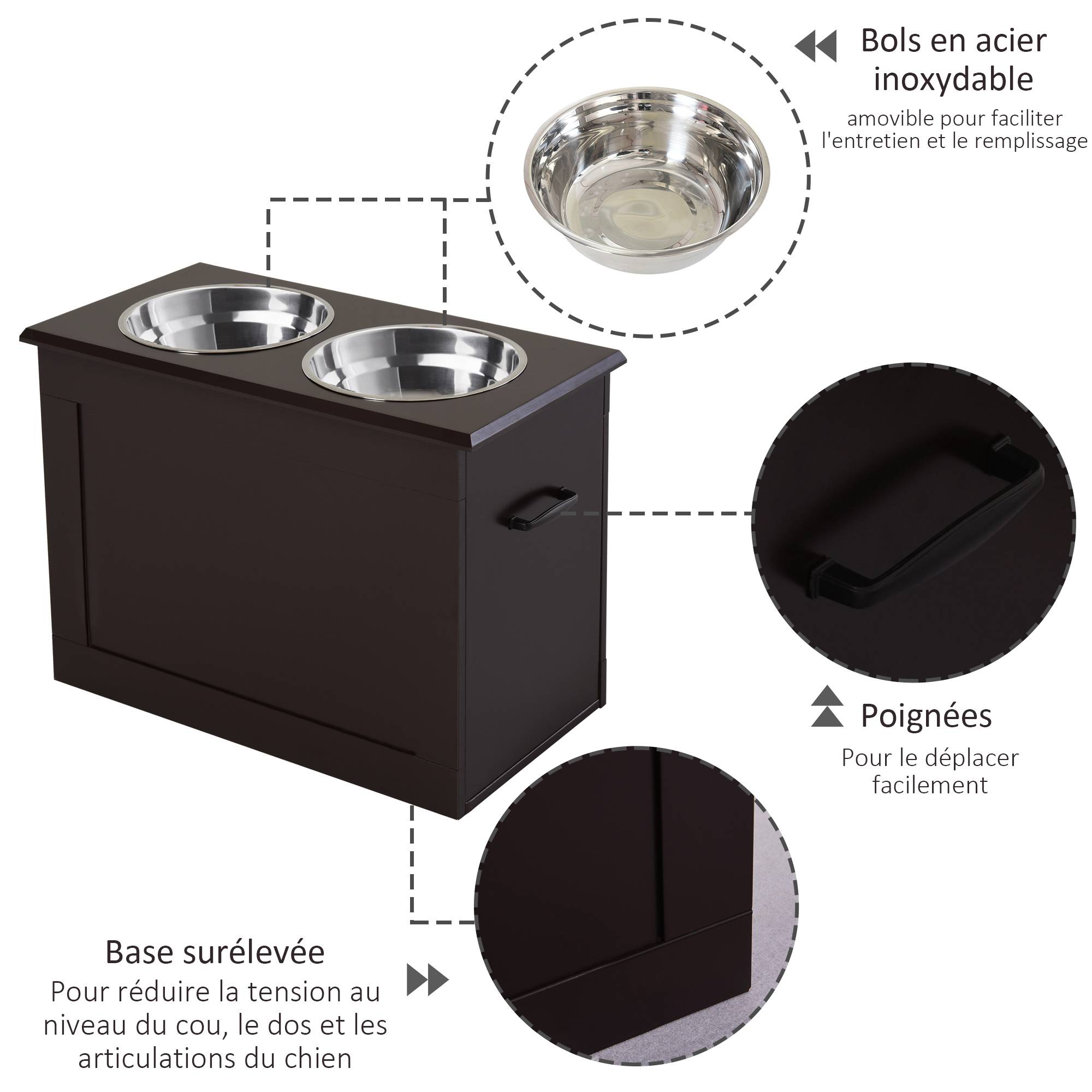 Gamelles chiens surélevées gamelle double chien chat Porte-gamelles surélevé dim. 60L x 30l x 41H cm 2 gamelles 2L poignées coffre bois chocolat - Image 8