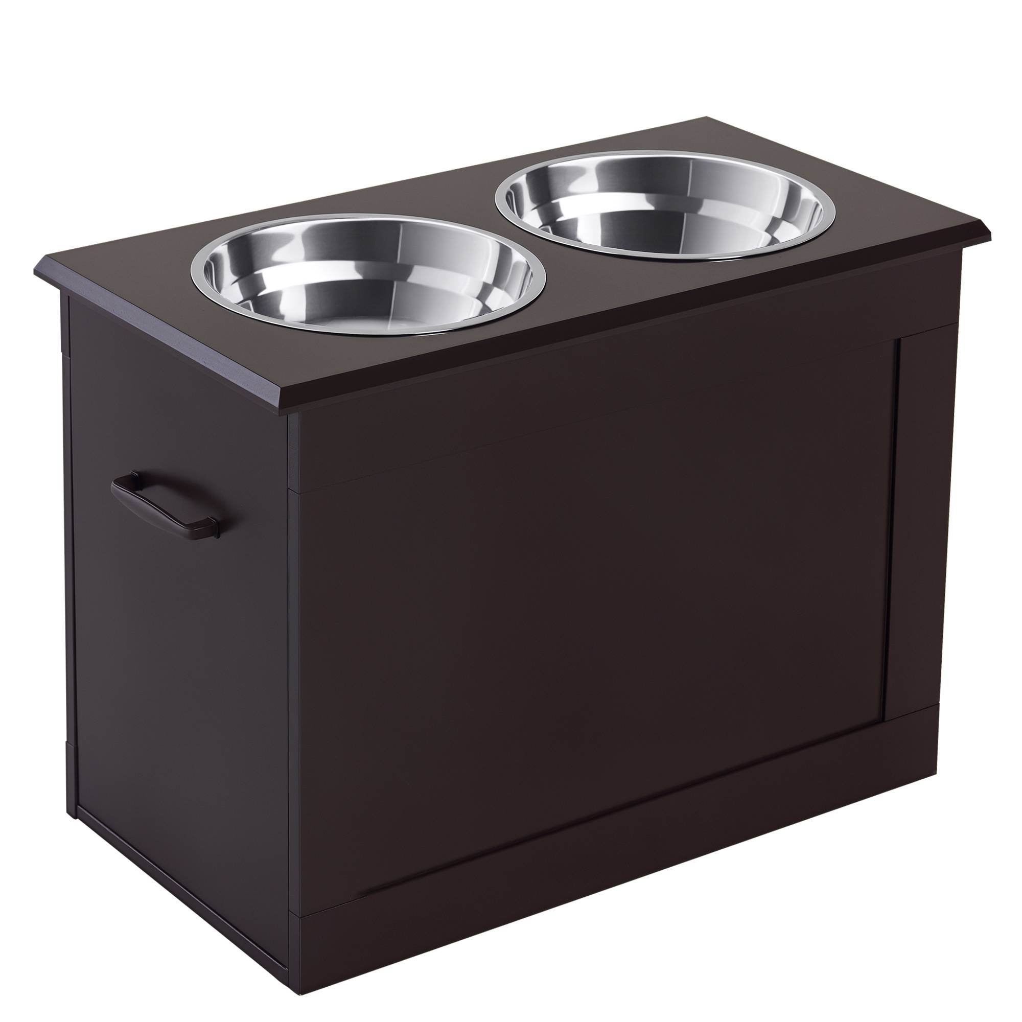 Gamelles chiens surélevées gamelle double chien chat Porte-gamelles surélevé dim. 60L x 30l x 41H cm 2 gamelles 2L poignées coffre bois chocolat - Image 1