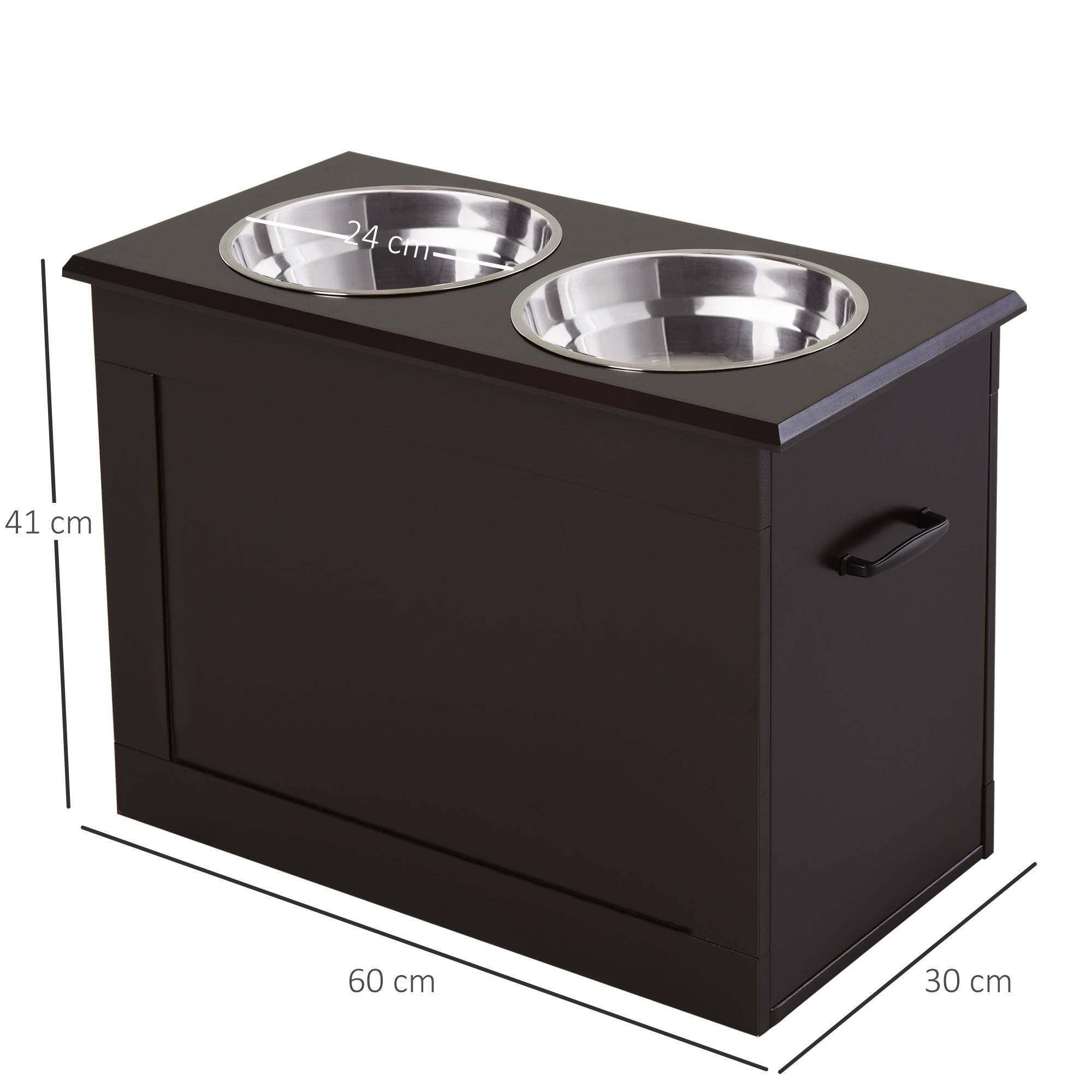 Gamelles chiens surélevées gamelle double chien chat Porte-gamelles surélevé dim. 60L x 30l x 41H cm 2 gamelles 2L poignées coffre bois chocolat - Image 5