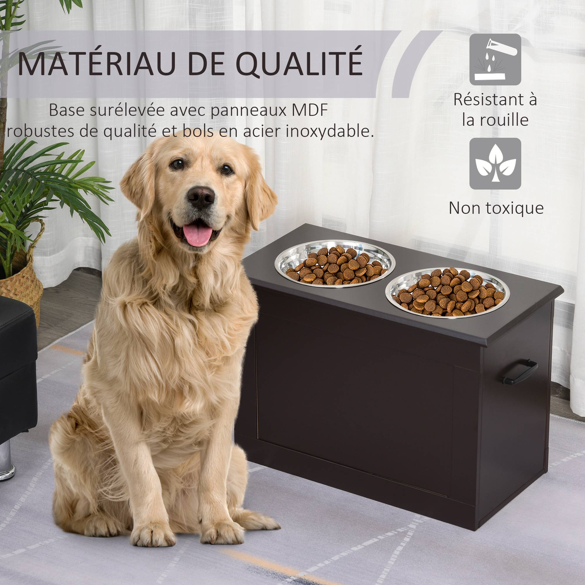 Gamelles chiens surélevées gamelle double chien chat Porte-gamelles surélevé dim. 60L x 30l x 41H cm 2 gamelles 2L poignées coffre bois chocolat - Image 6