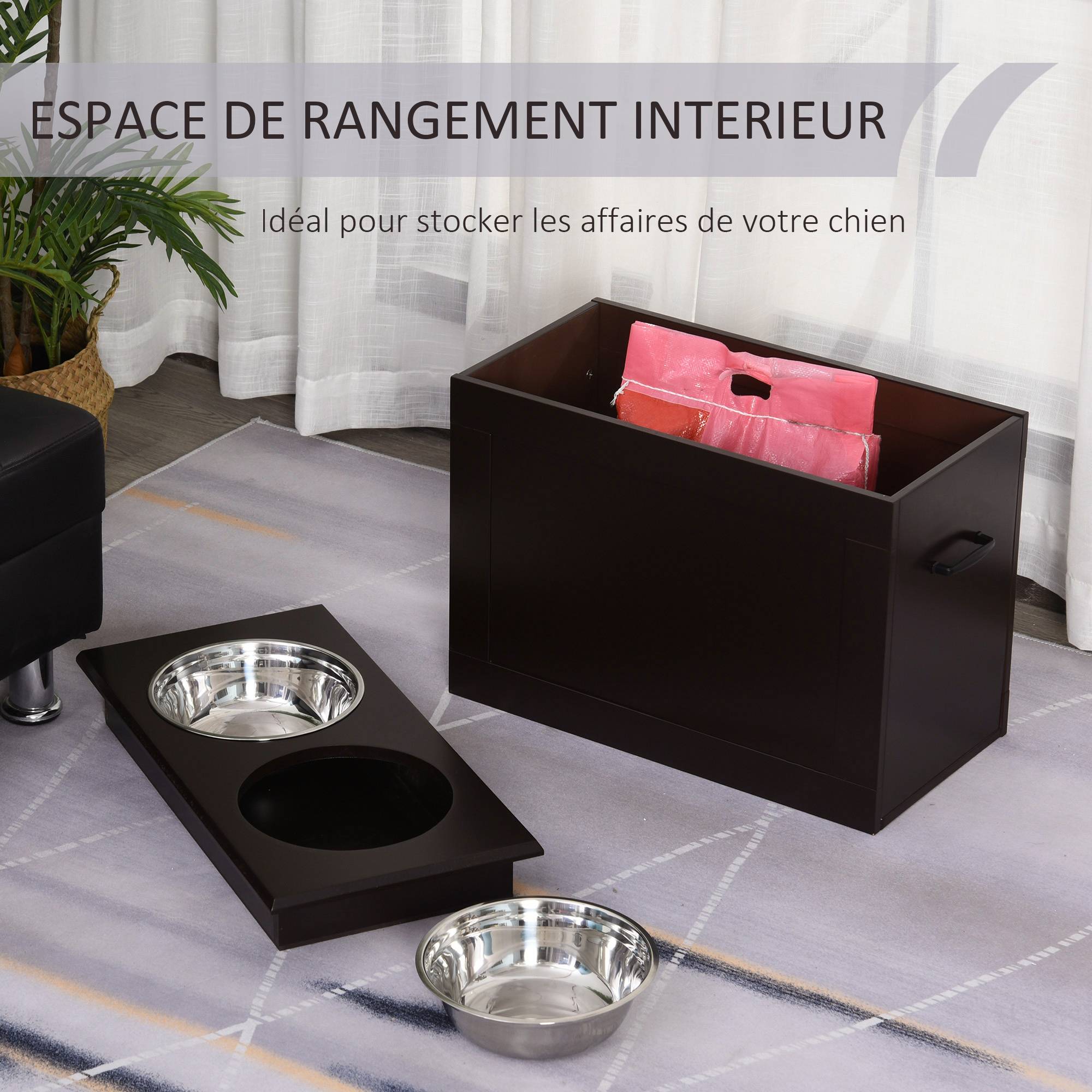 Gamelles chiens surélevées gamelle double chien chat Porte-gamelles surélevé dim. 60L x 30l x 41H cm 2 gamelles 2L poignées coffre bois chocolat - Image 7