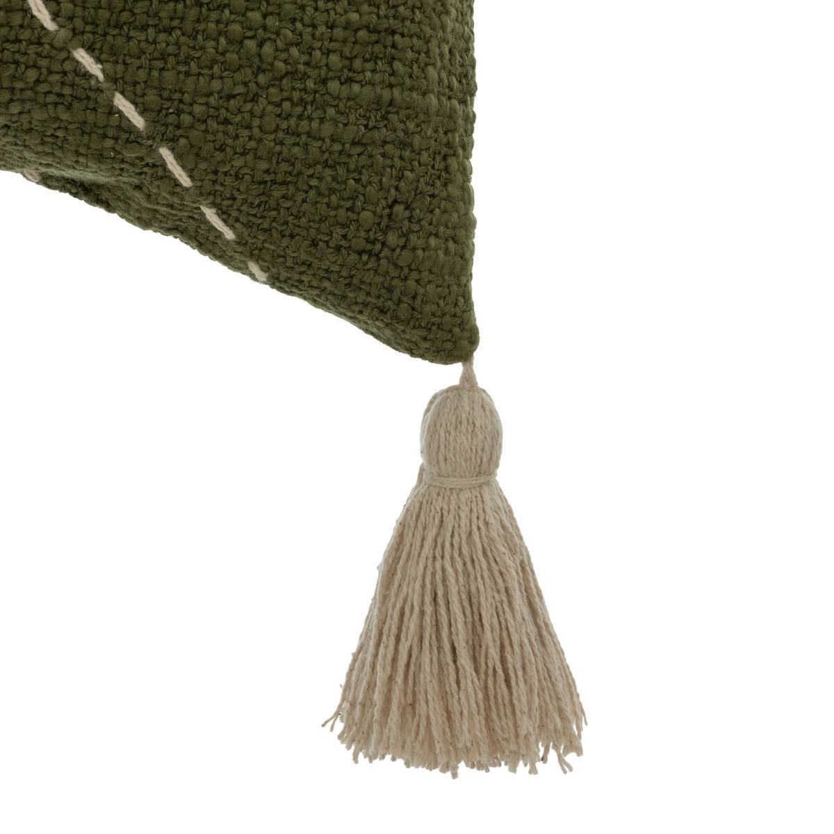 Coussin décoratif en Coton Vert Kaki motifs brodés avec 4 pompons 45 x 45 cm - Image 2