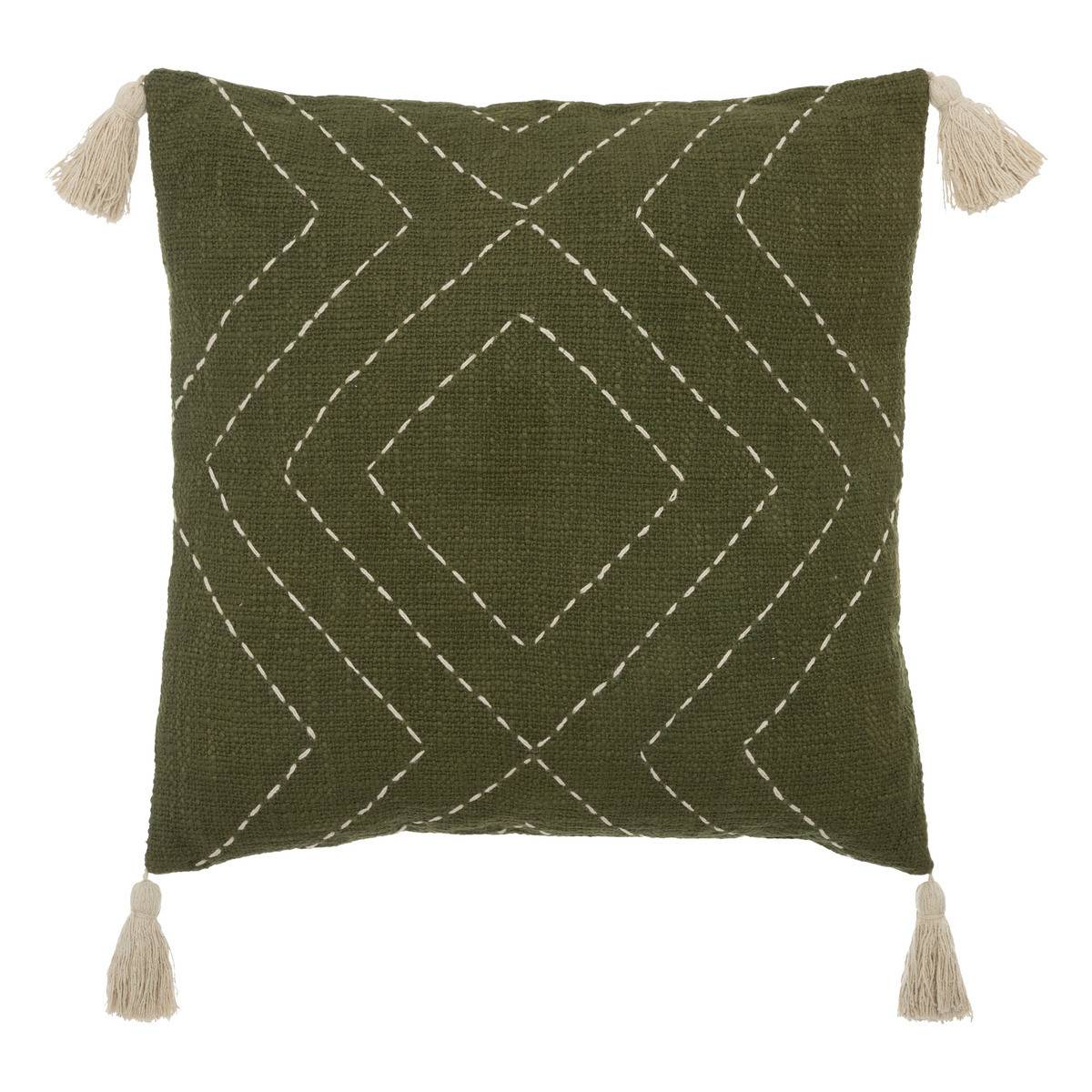 Coussin décoratif en Coton Vert Kaki motifs brodés avec 4 pompons 45 x 45 cm - Image 1