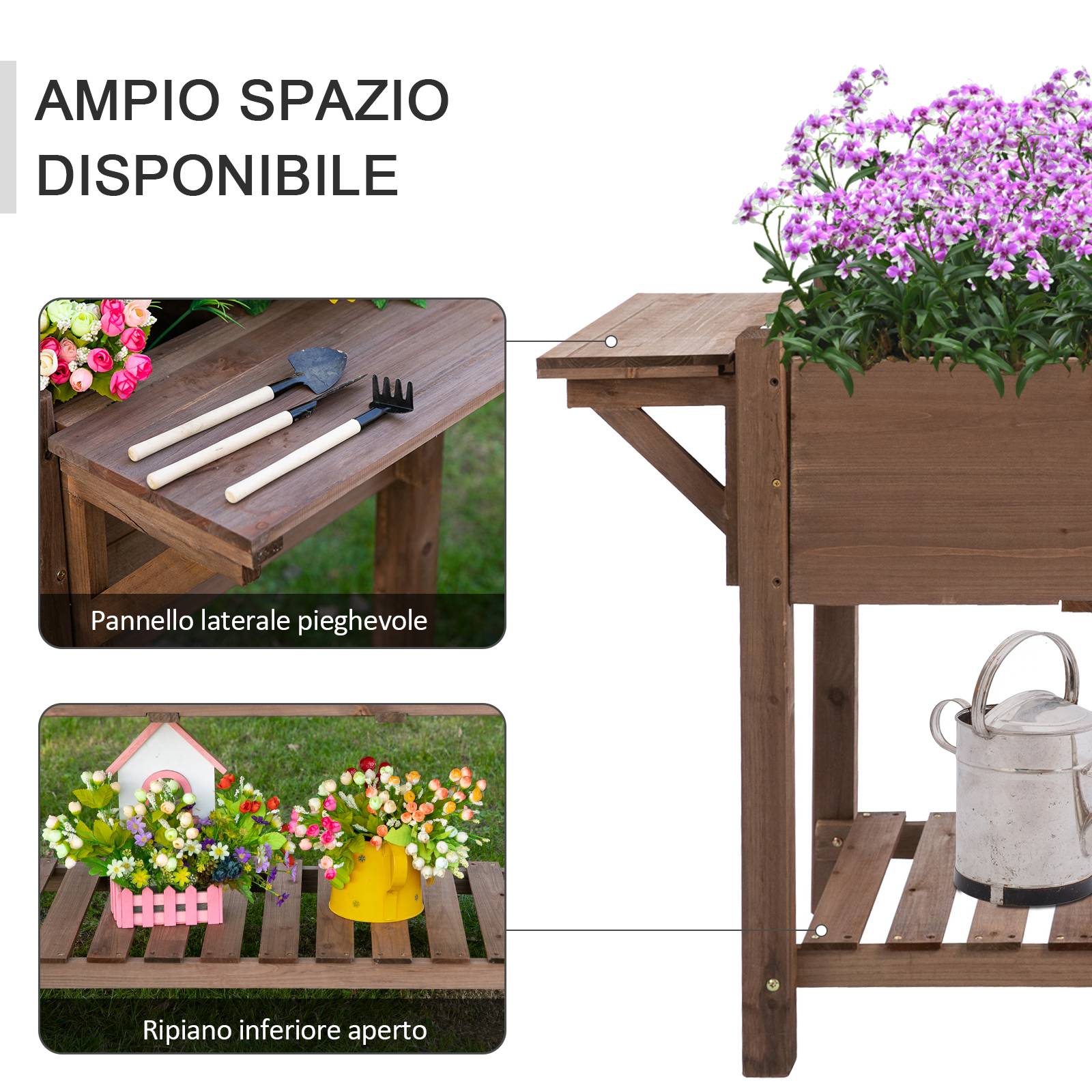 ComfortXL - Carré potager surélevé en bois de sapin 123 x 54 x 80 cm marron pour balcon et jardin avec tablette pliante - Image 6