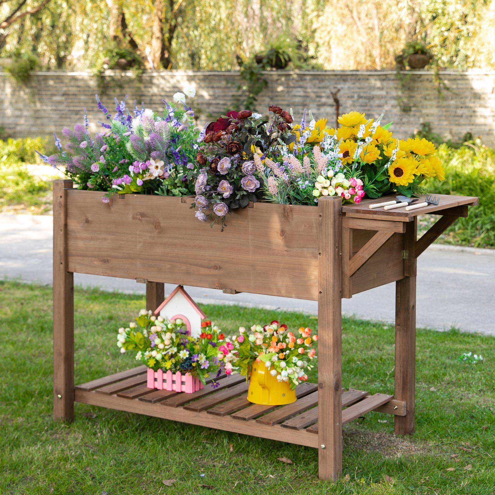 ComfortXL - Carré potager surélevé en bois de sapin 123 x 54 x 80 cm marron pour balcon et jardin avec tablette pliante - Image 1