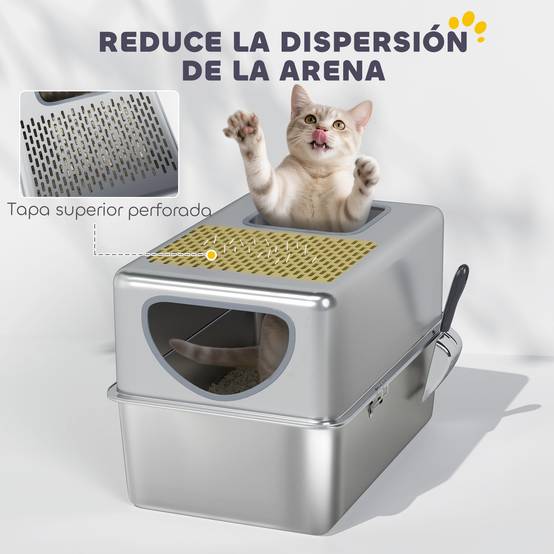Bac à litière extra-large en acier inoxydable avec pelle, double ouverture, facile à nettoyer, couleur argent. - Image 8