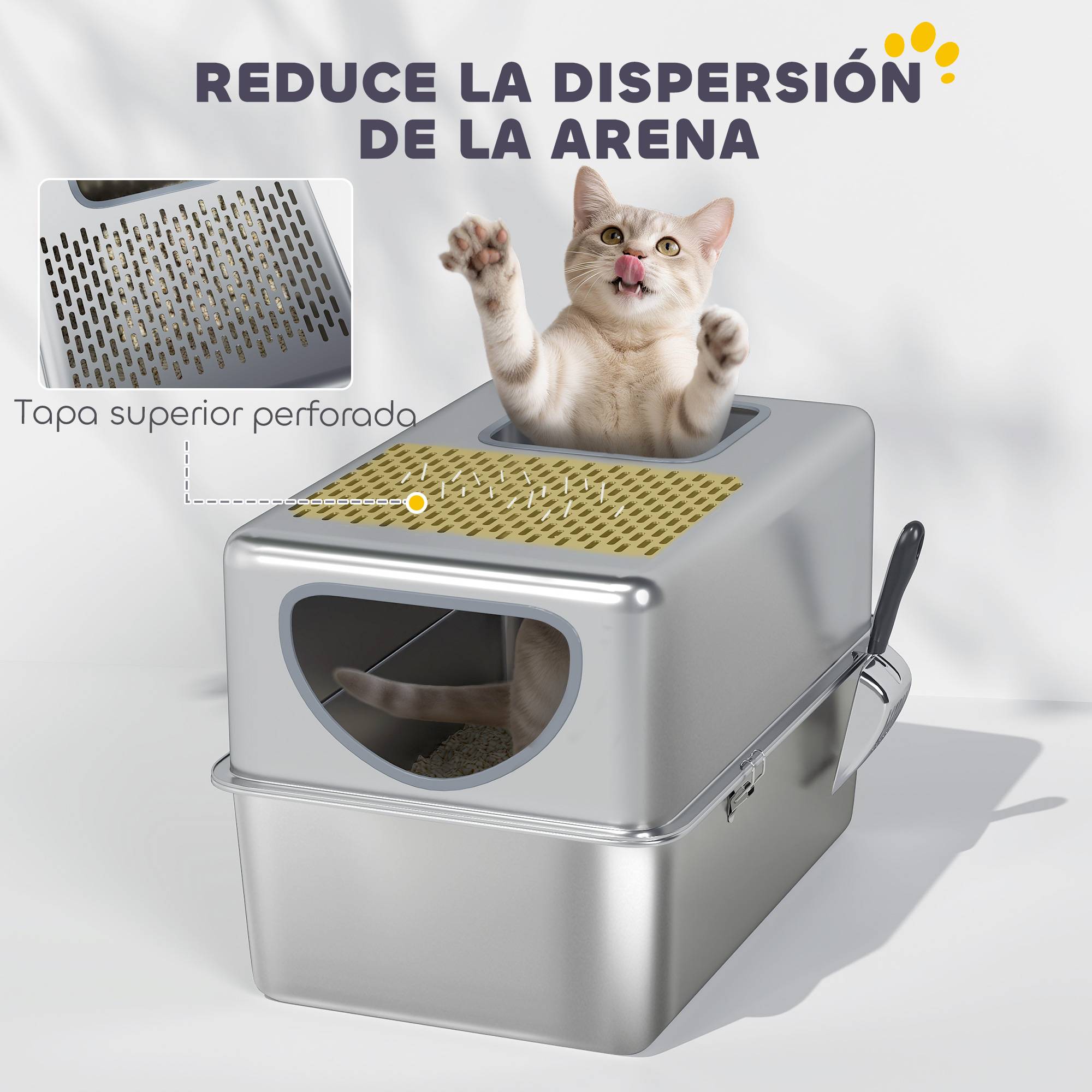 Bac à litière extra-large en acier inoxydable avec pelle, double ouverture, facile à nettoyer, couleur argent. - Image 8
