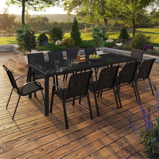 Salon de jardin MADRID table 240 CM et 10 chaises empilables noir - Image 1