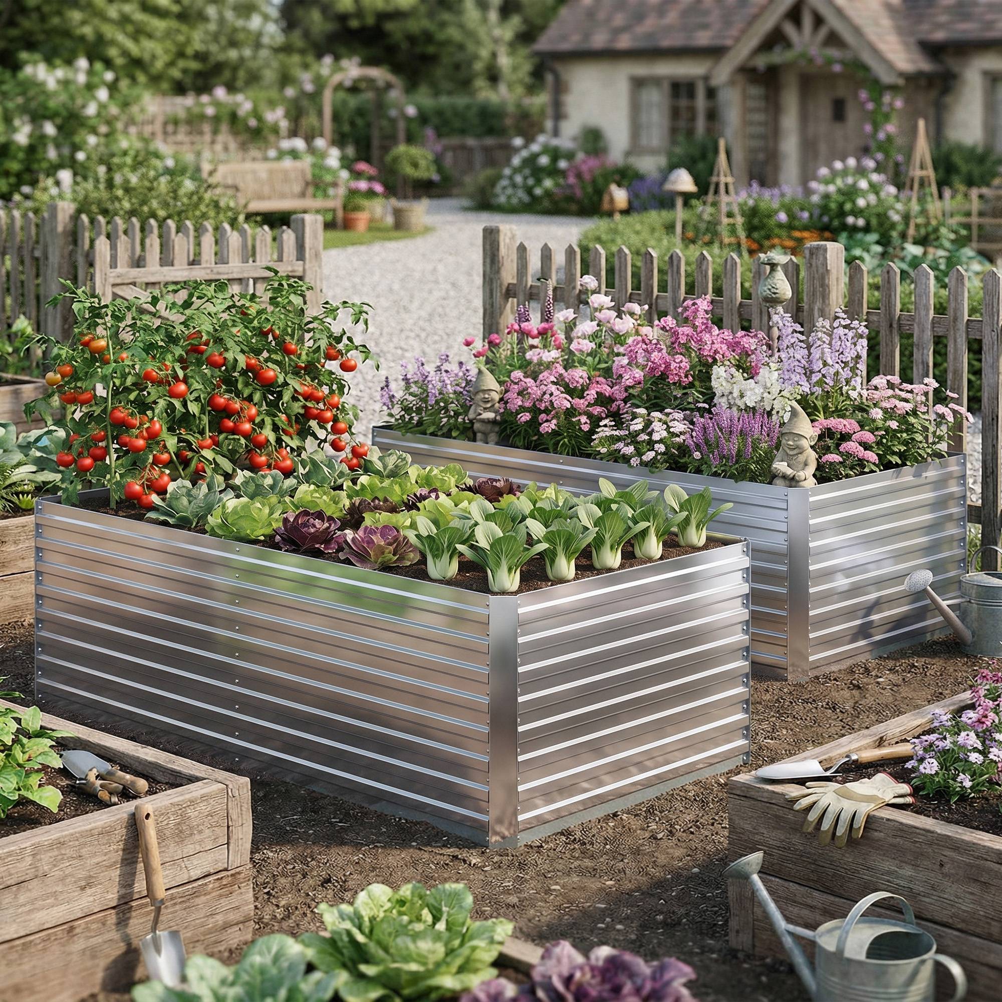 Sans Marque - Ensemble 2 bacs jardin surélevés métal galvanisé rebord sécurisé légumes argent - Image 3