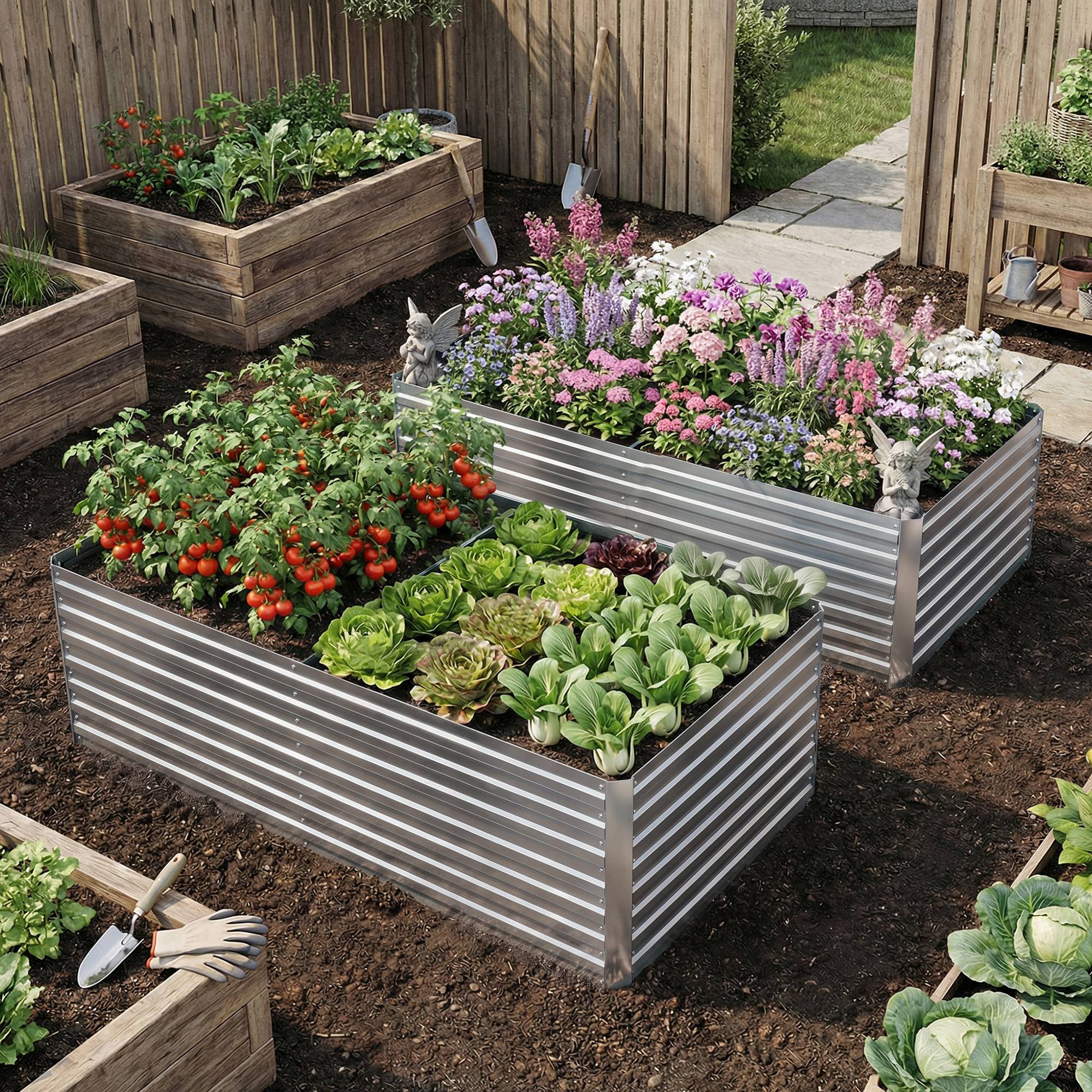 Sans Marque - Ensemble 2 bacs jardin surélevés métal galvanisé rebord sécurisé légumes argent - Image 4