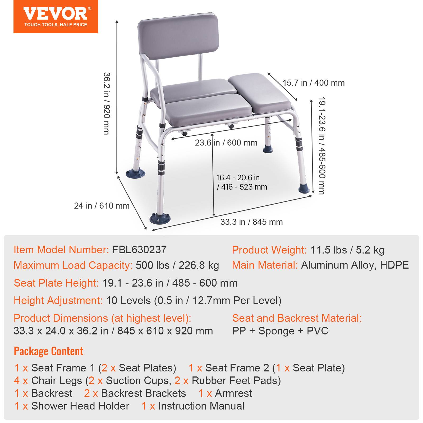 VEVOR Banc transfert baignoire 226.8kg, siège rembourré, accoudoir/dossier réversible, adultes. - Image 7