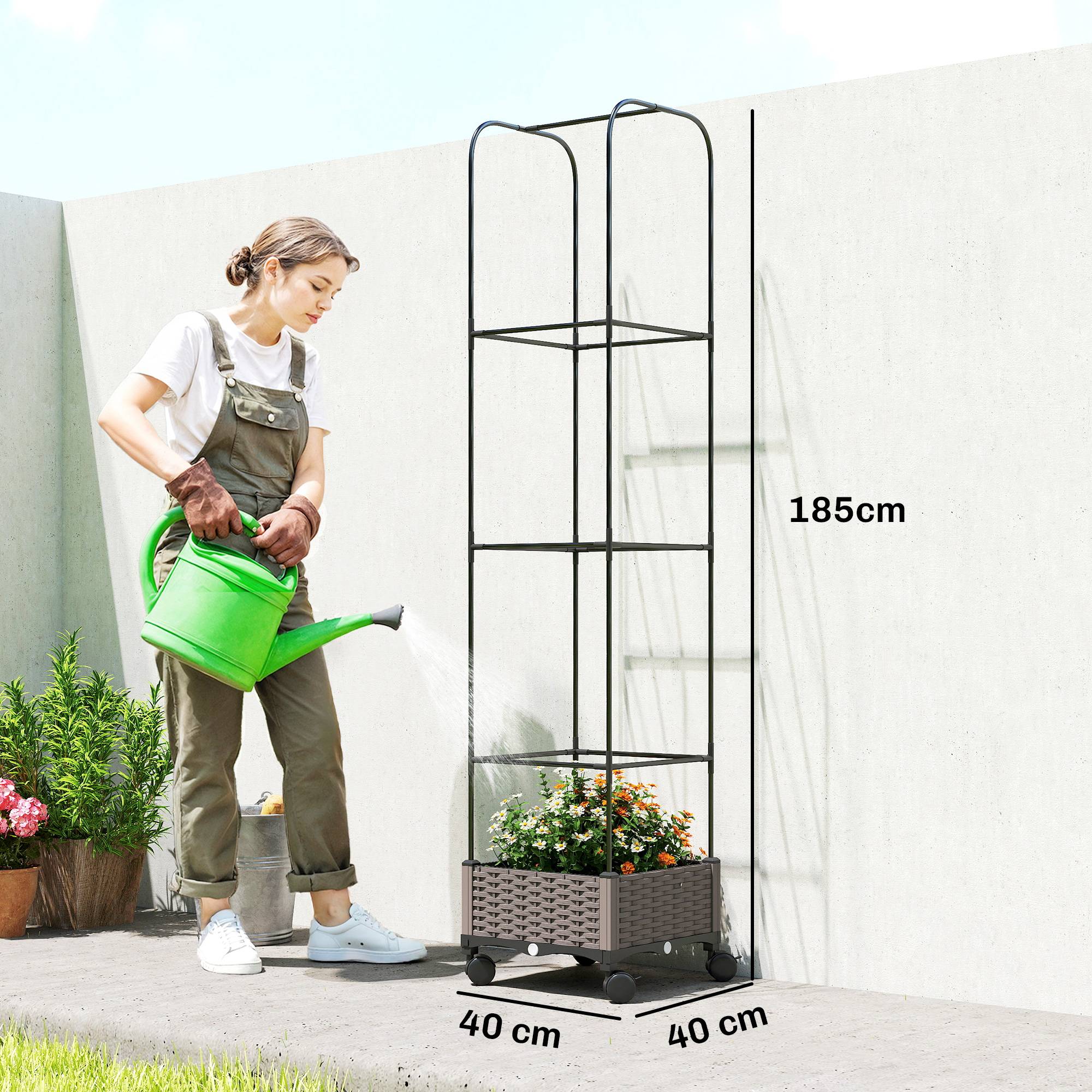 Sans Marque - Jardinière surélevée treillis bac fleurs mobile roulettes drainage 40x40x185 cm - Image 5