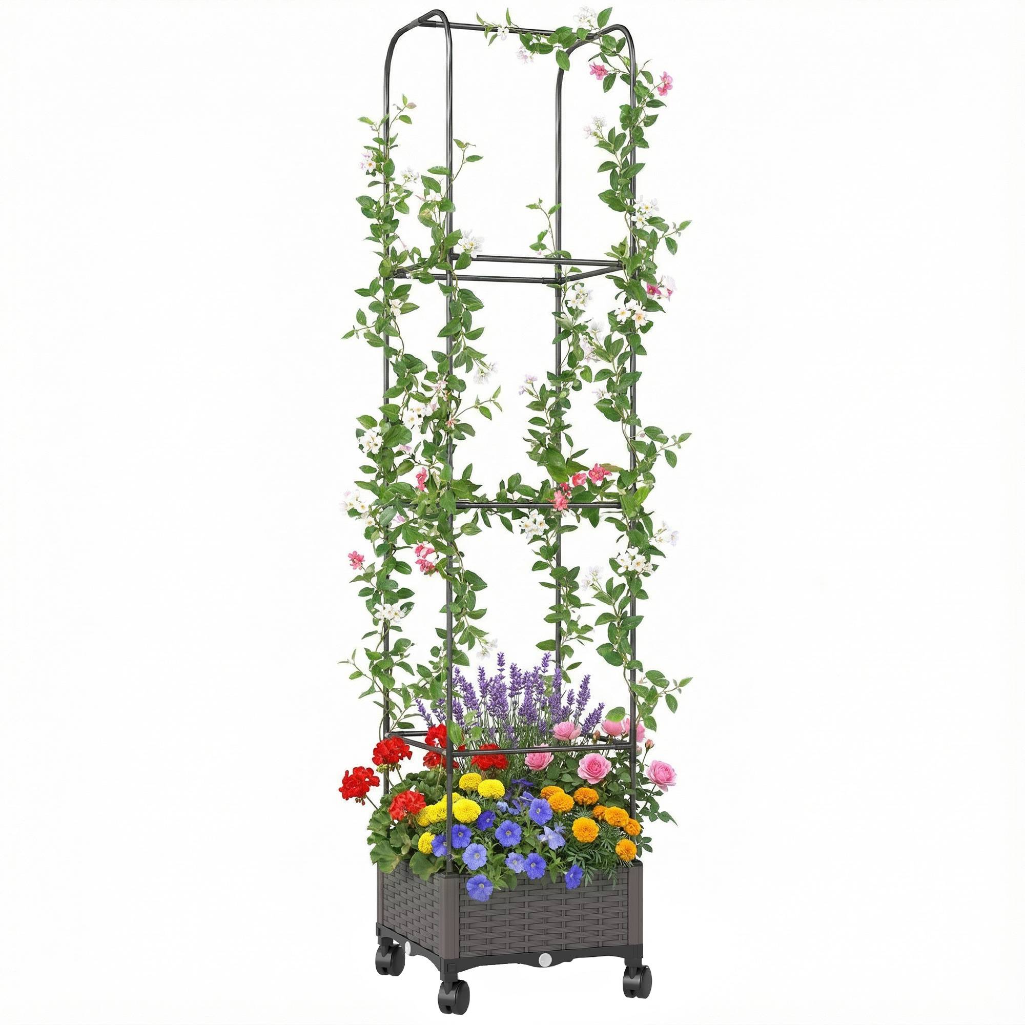 Sans Marque - Jardinière surélevée treillis bac fleurs mobile roulettes drainage 40x40x185 cm - Image 1