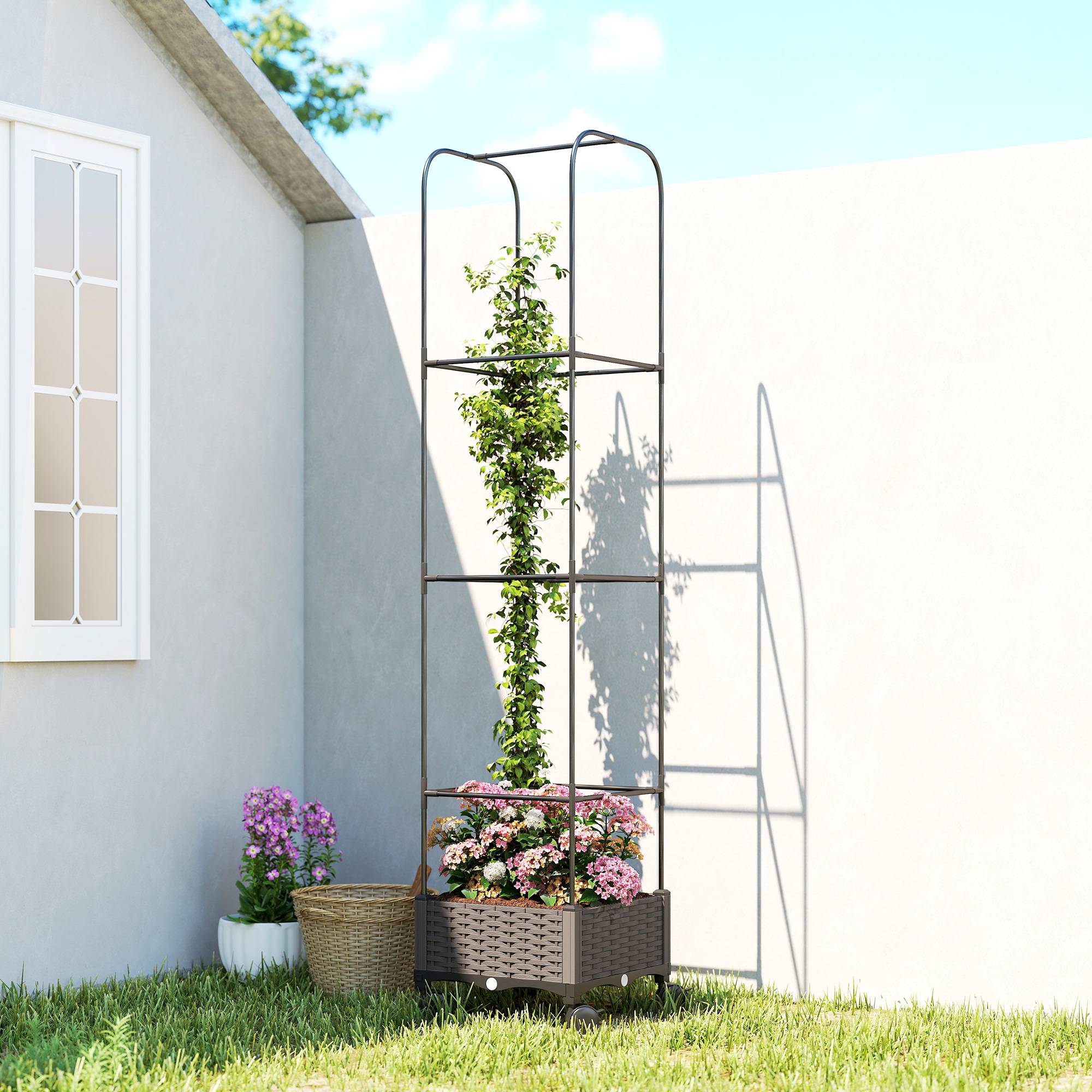 Sans Marque - Jardinière surélevée treillis bac fleurs mobile roulettes drainage 40x40x185 cm - Image 4