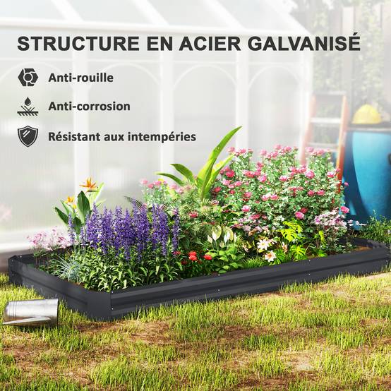 Sans Marque - Jardinière extérieure carré potager galvanisée avec bordure de sécurité et fond ouvert 240 x 120 x 30 cm gris foncé - Image 7