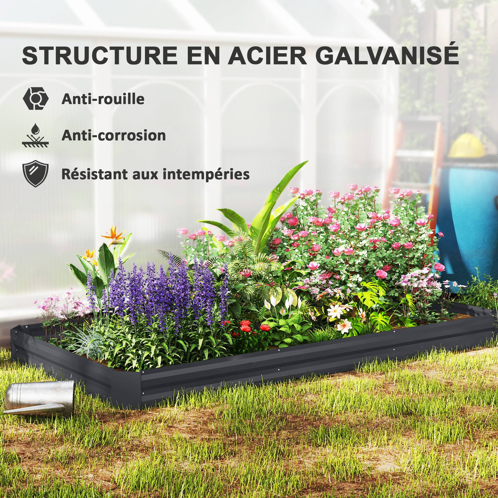 Sans Marque - Jardinière extérieure carré potager galvanisée avec bordure de sécurité et fond ouvert 240 x 120 x 30 cm gris foncé - Image 7