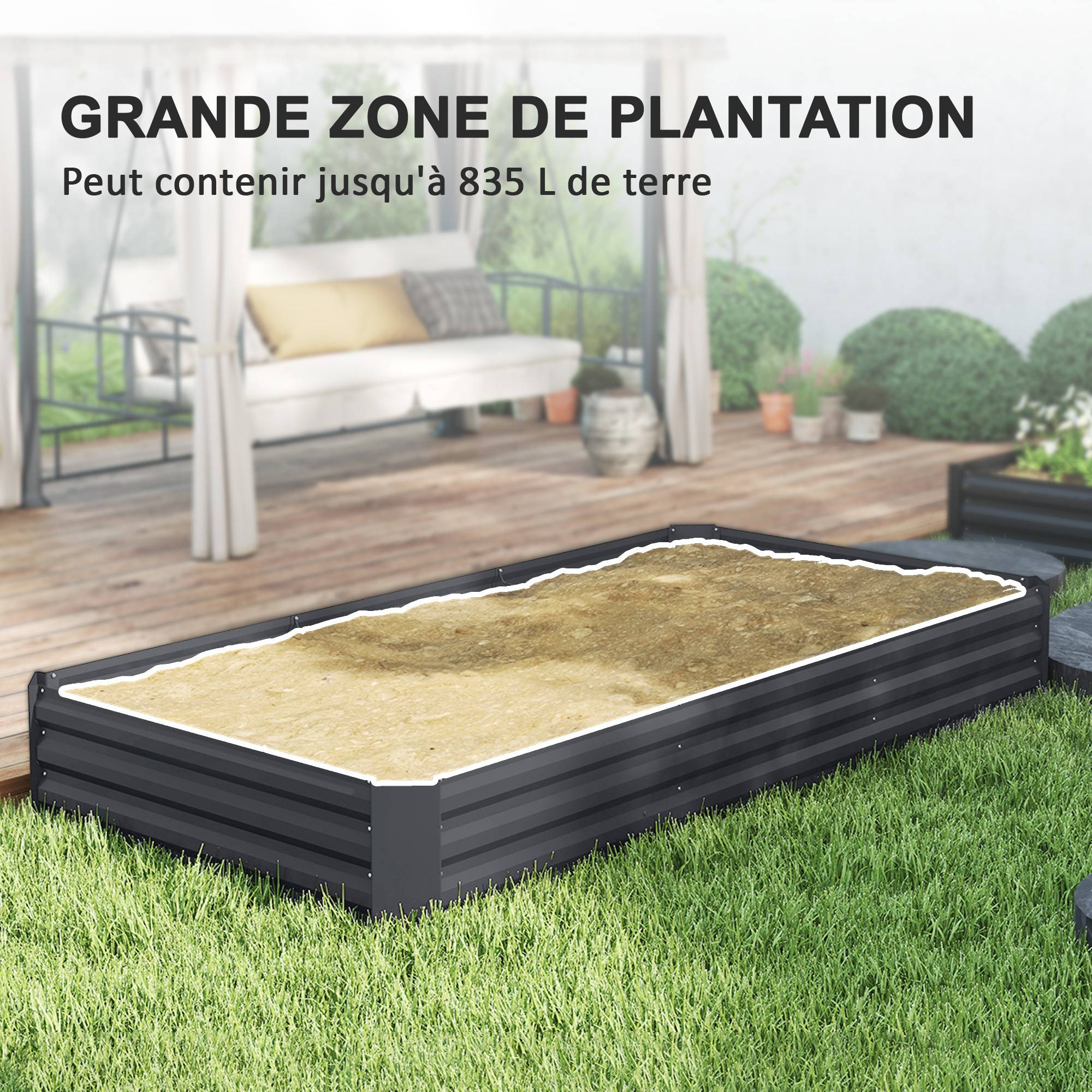 Sans Marque - Jardinière extérieure carré potager galvanisée avec bordure de sécurité et fond ouvert 240 x 120 x 30 cm gris foncé - Image 6