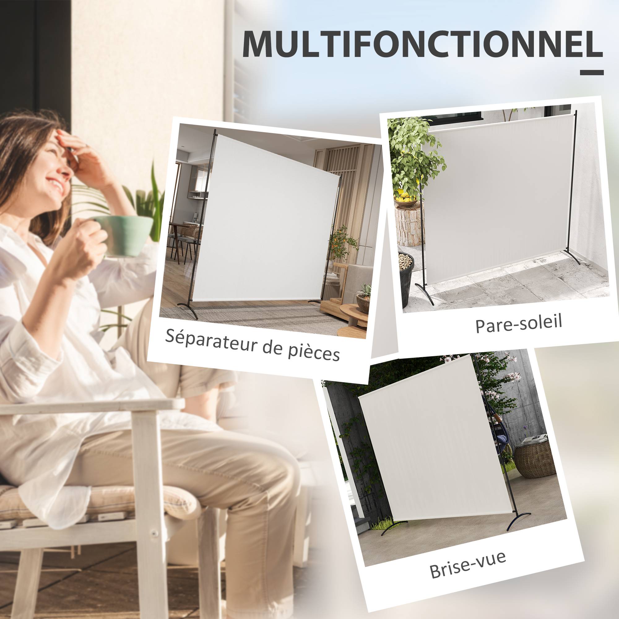 Paravent extérieur acier et polyester beige 180 x 50 x 180 cm - PANGIVO - Image 6
