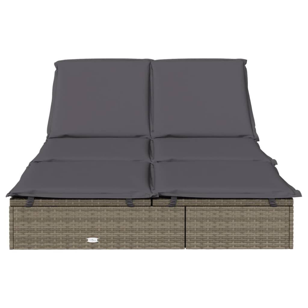 Helloshop26 - Transat chaise longue bain de soleil lit de jardin terrasse meuble d'extérieur à 2 places avec coussins gris résine tressée - Image 2