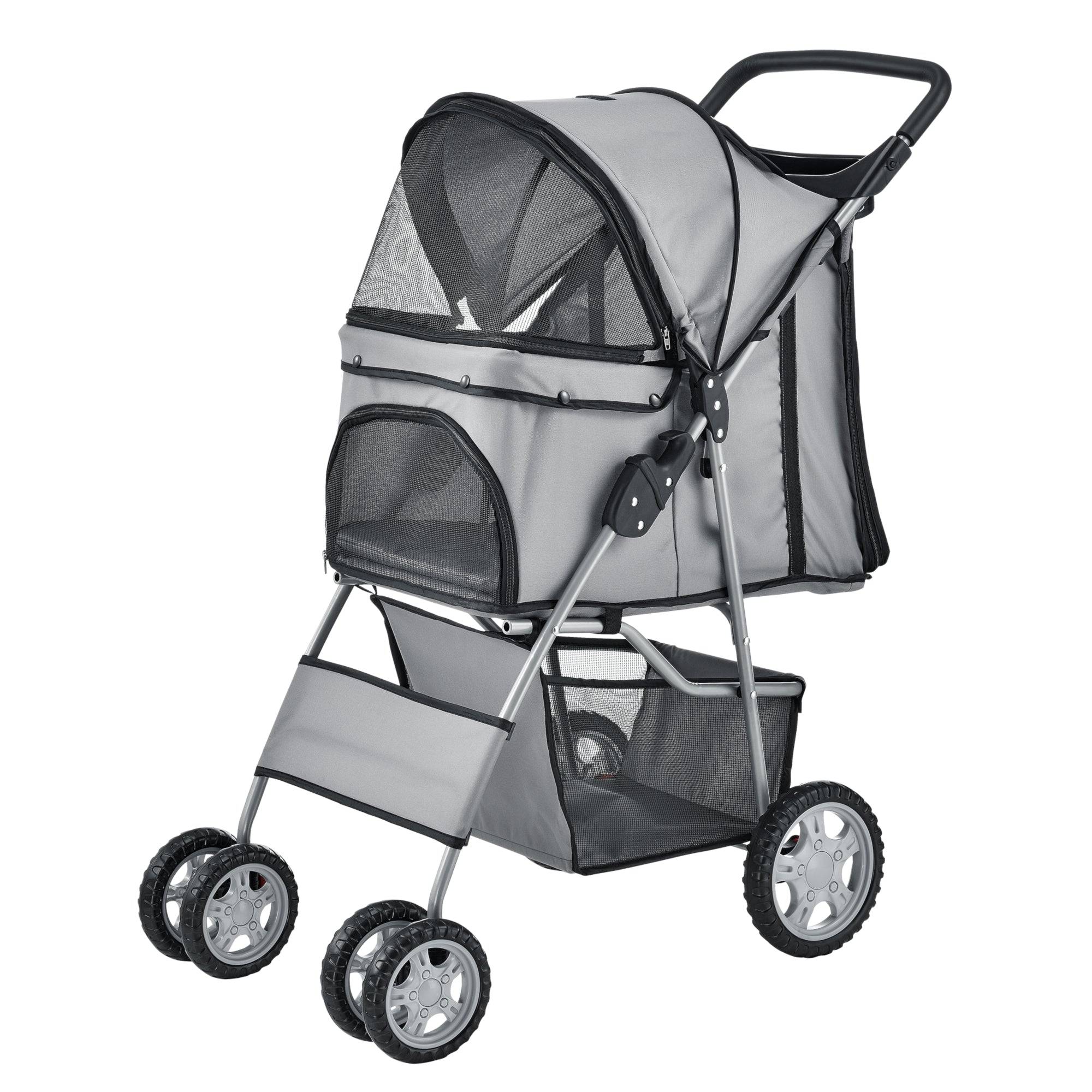 Poussette pour chien pet stroller poussette buggy pour chien protège-pluie à pousser roadster comprenant sac à courses gris - Image 1