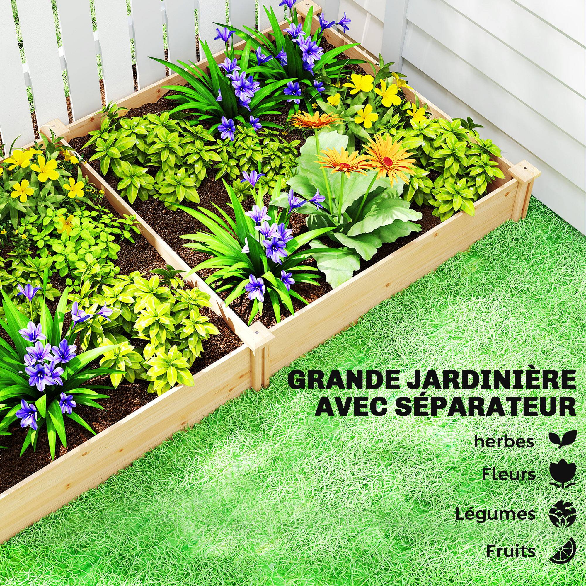 Carré Potager de jardin en Bois massif, Jardinière Surélevé avec séparateur, 235 x 121 x 26 cm, effet Bois Naturel - Image 6