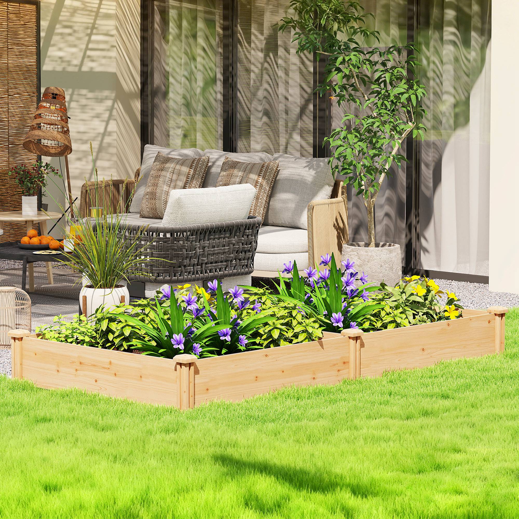 Carré Potager de jardin en Bois massif, Jardinière Surélevé avec séparateur, 235 x 121 x 26 cm, effet Bois Naturel - Image 3