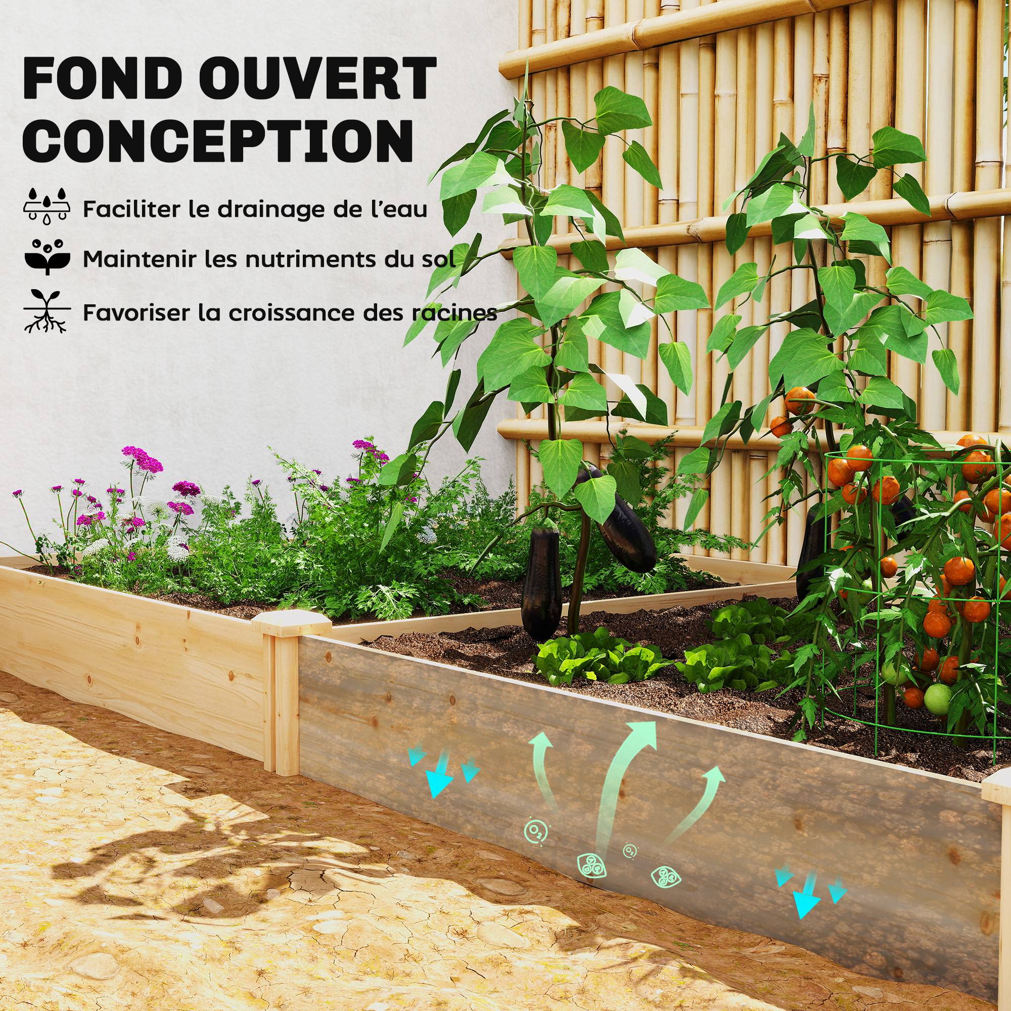 Carré Potager de jardin en Bois massif, Jardinière Surélevé avec séparateur, 235 x 121 x 26 cm, effet Bois Naturel - Image 7