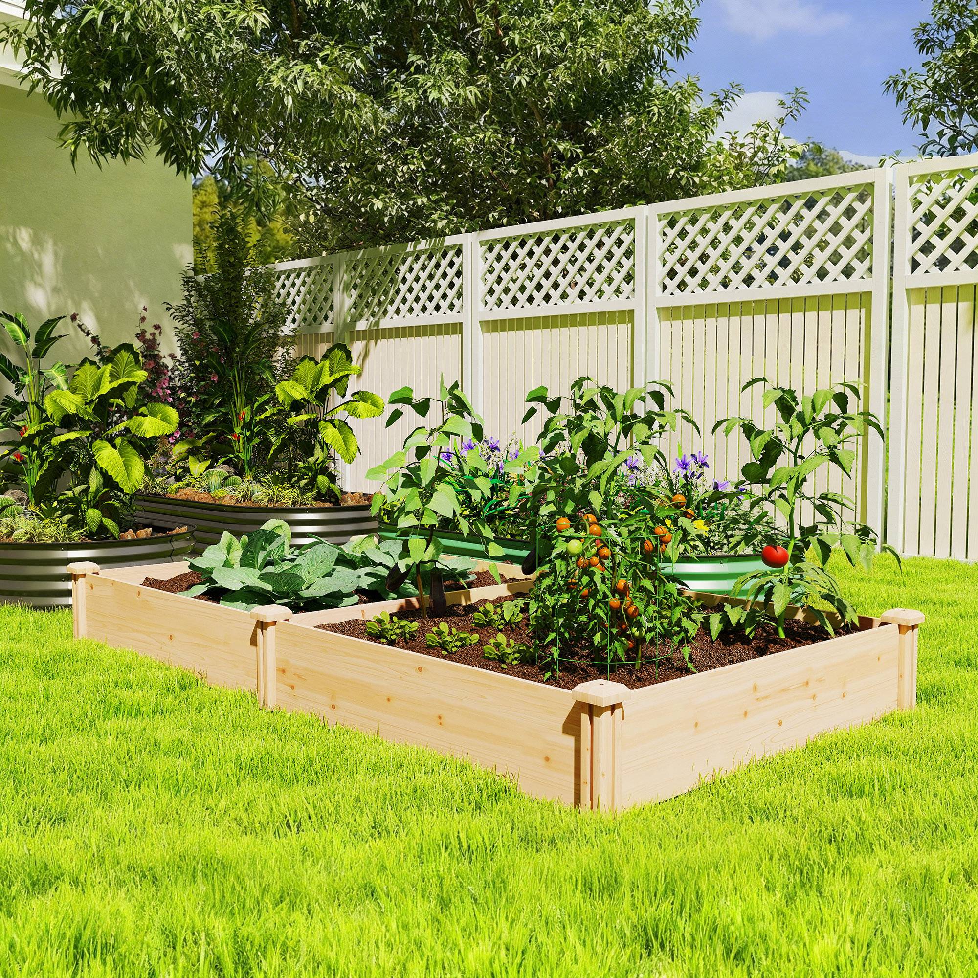 Carré Potager de jardin en Bois massif, Jardinière Surélevé avec séparateur, 235 x 121 x 26 cm, effet Bois Naturel - Image 4