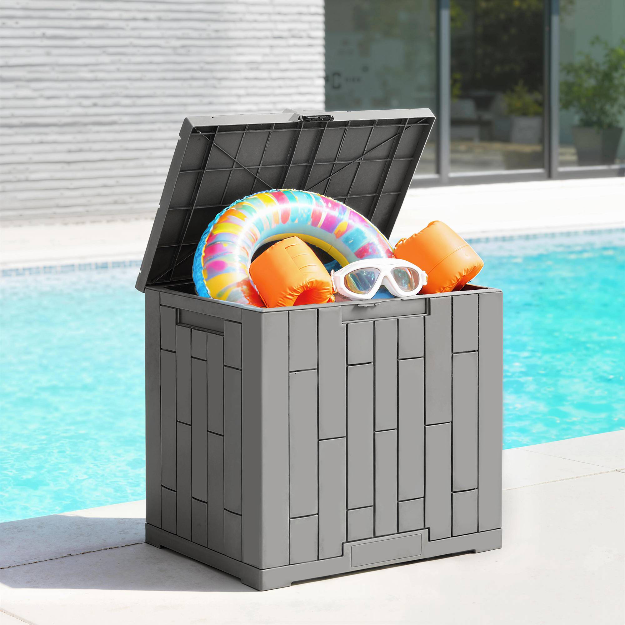 Petit Coffre Rangement Extérieur Résine Effet Bois Anti-UV 114L 56x44x54cm Gris - ComfortXL Outdoor Living - Image 10