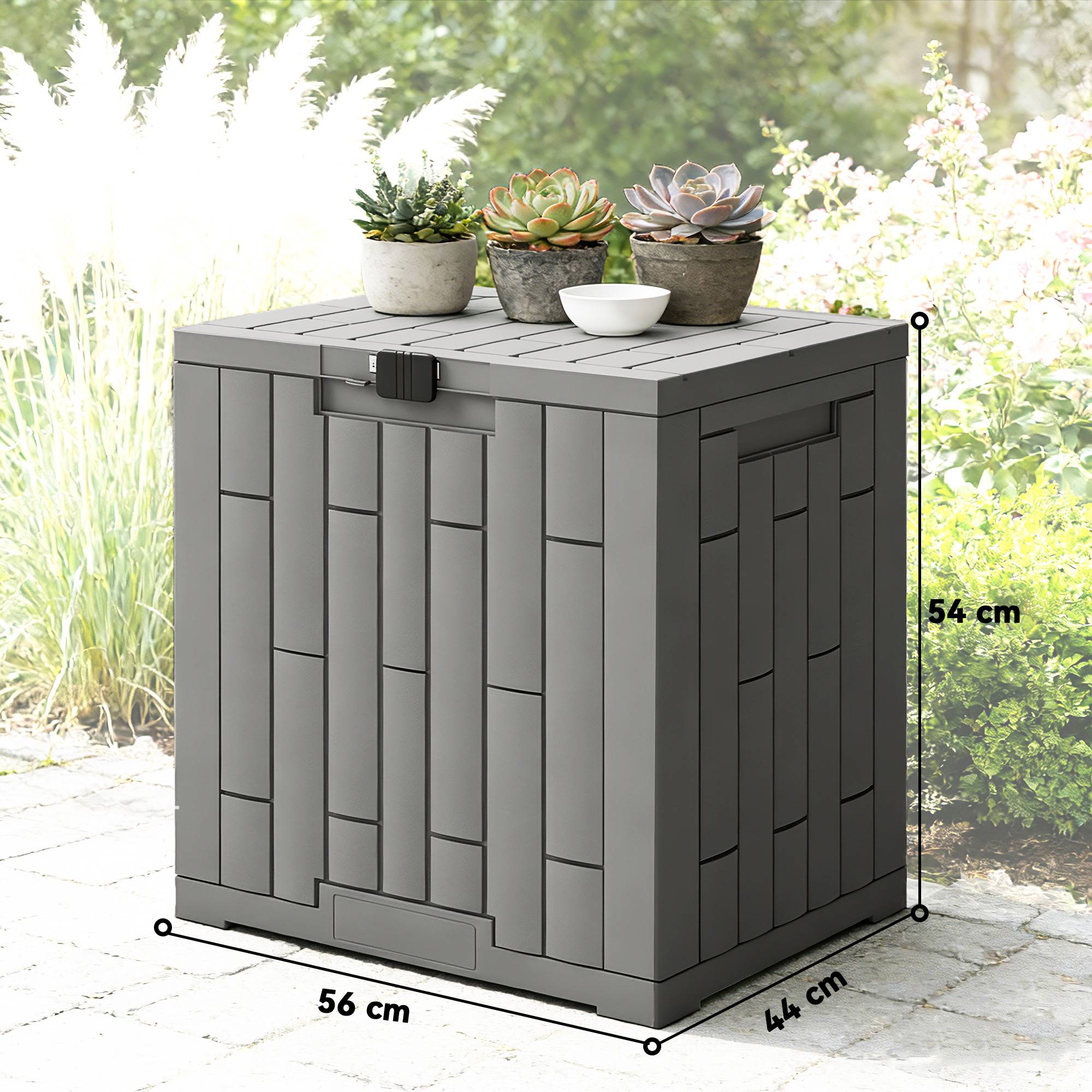 Petit Coffre Rangement Extérieur Résine Effet Bois Anti-UV 114L 56x44x54cm Gris - ComfortXL Outdoor Living - Image 5