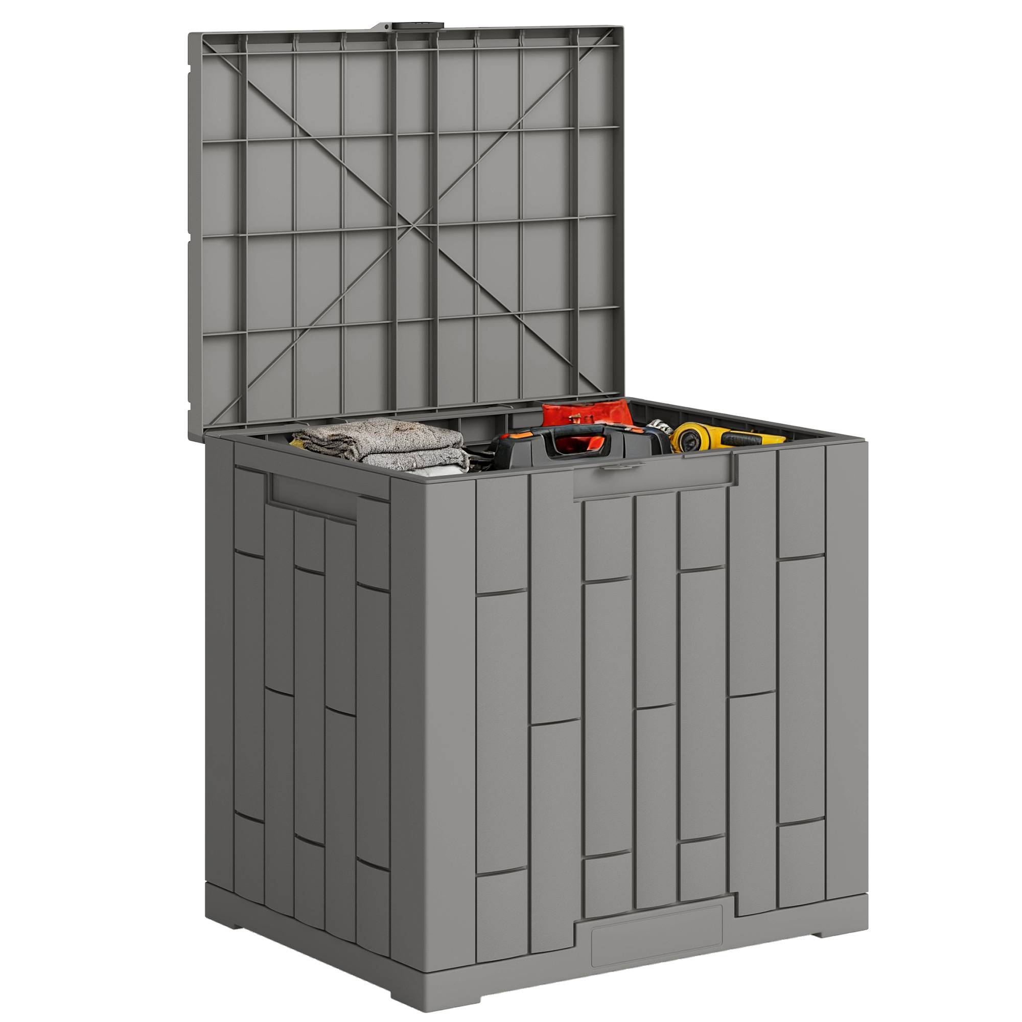 Petit Coffre Rangement Extérieur Résine Effet Bois Anti-UV 114L 56x44x54cm Gris - ComfortXL Outdoor Living - Image 1
