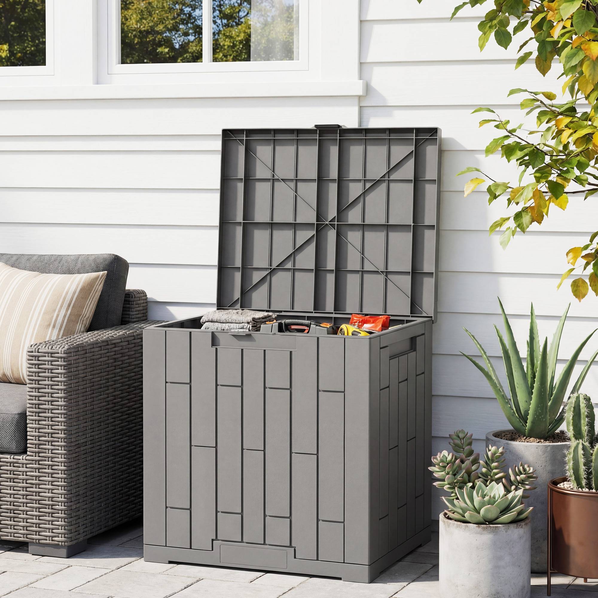 Petit Coffre Rangement Extérieur Résine Effet Bois Anti-UV 114L 56x44x54cm Gris - ComfortXL Outdoor Living - Image 3