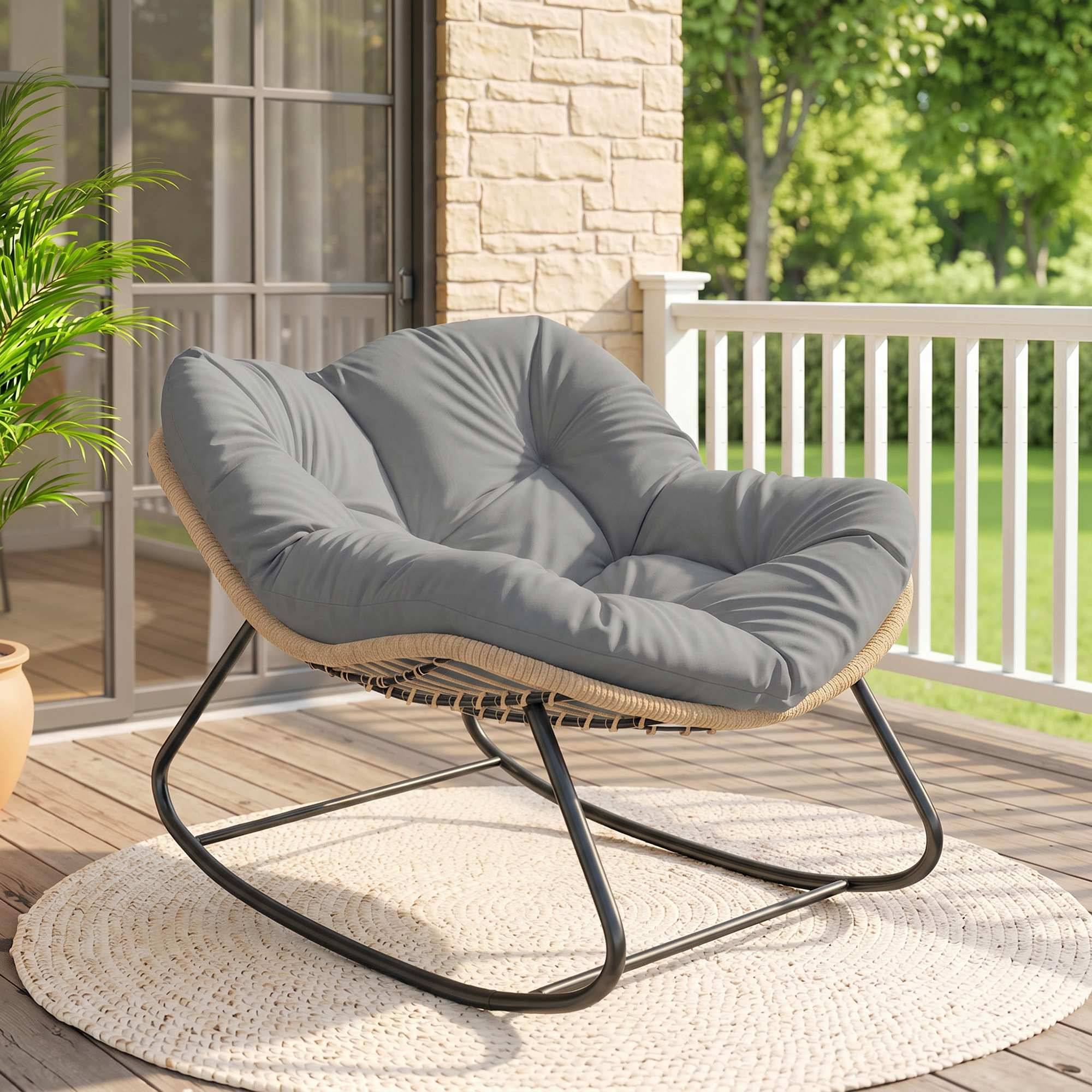 Fauteuil à bascule acier et résine tressée gris 107 x 97 x 79 cm - PANGIVO - Image 3