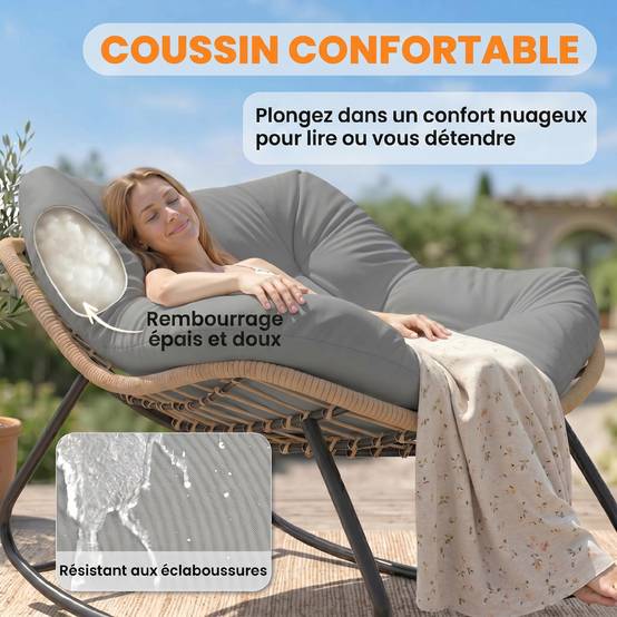 Fauteuil à bascule acier et résine tressée gris 107 x 97 x 79 cm - PANGIVO - Image 7