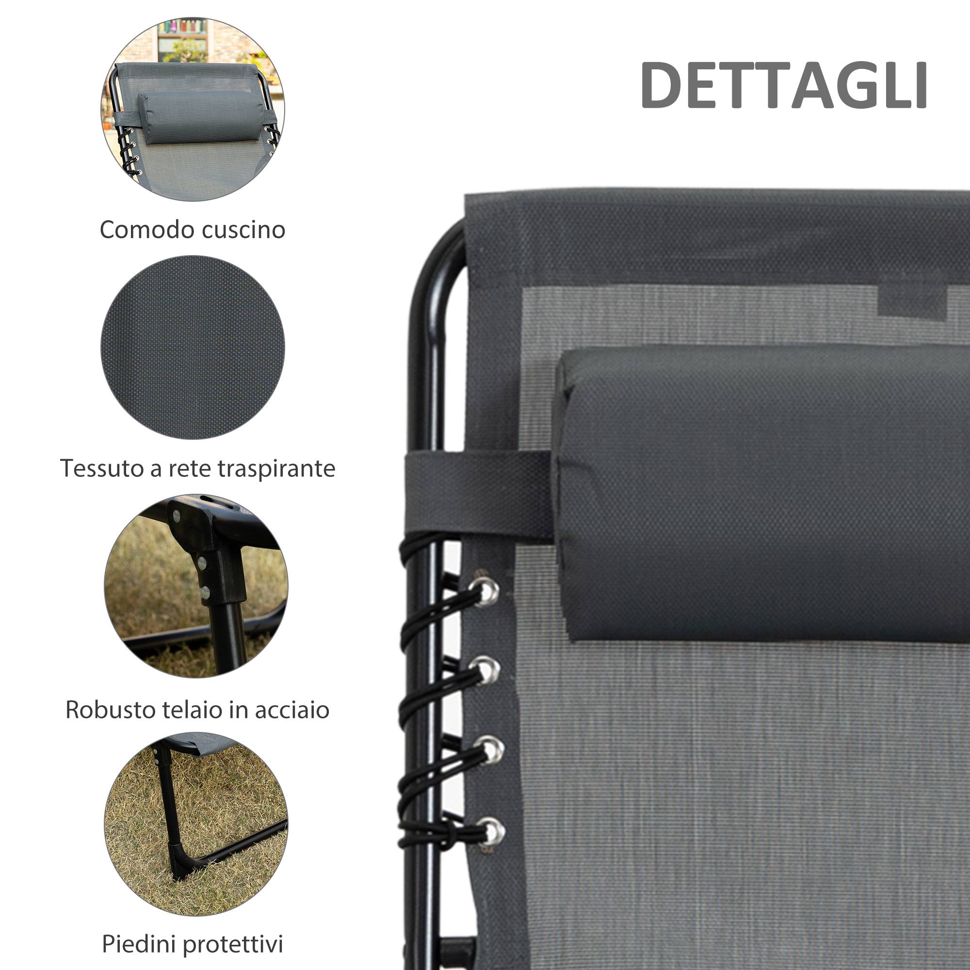 Sans Marque - Chaise longue de jardin pliante avec dossier inclinable 5 positions et coussin, 185 x 58 x 30 cm, grise - Image 7