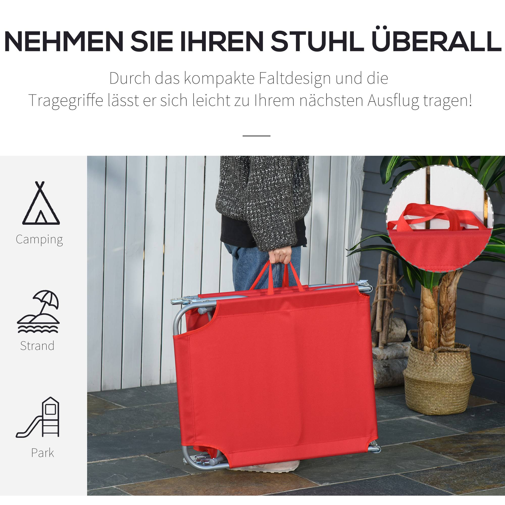 Transat pliable avec dossier réglable et structure métallique antirouille, 187 x 55 x 24 cm, rouge - Image 6