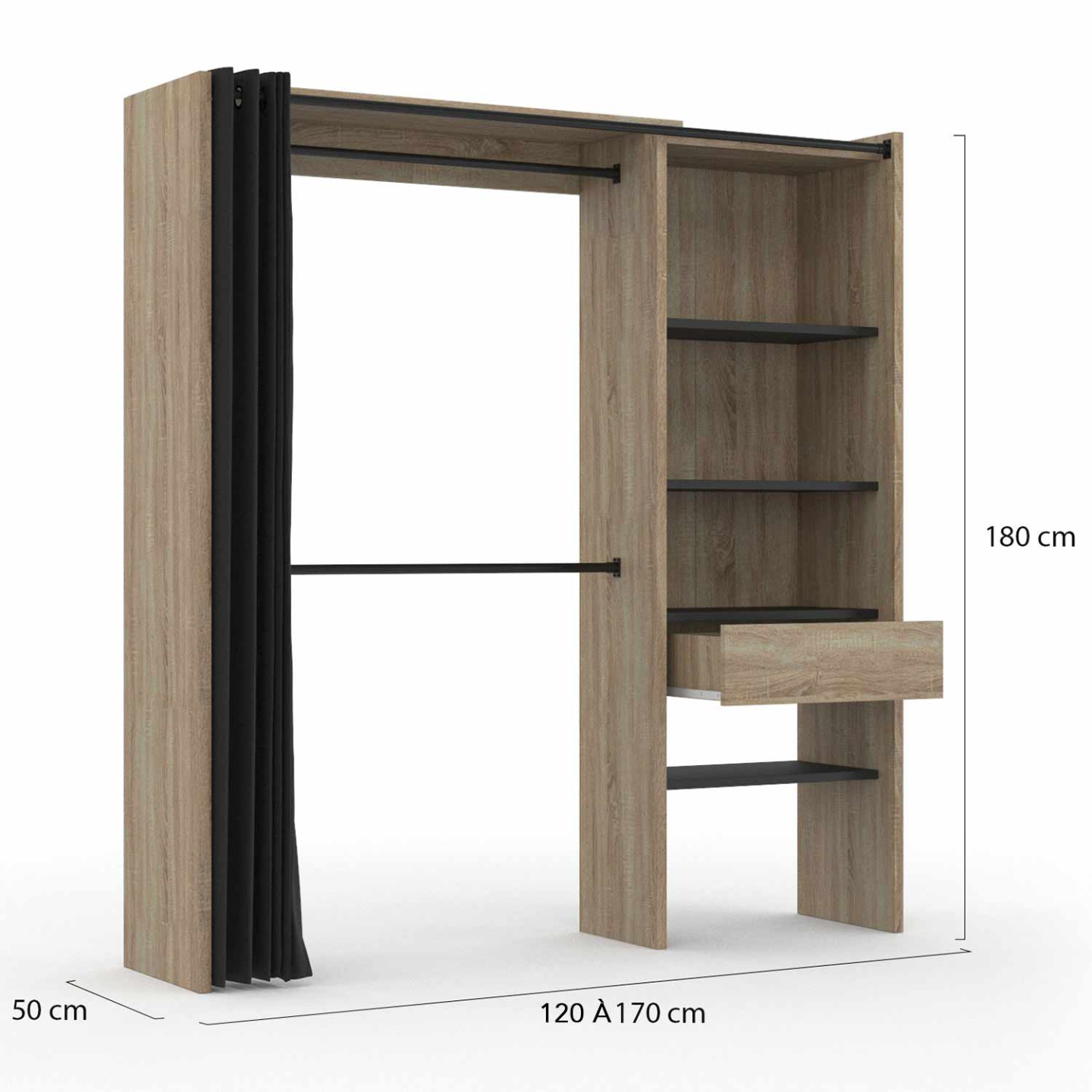Dressing extensible MARTY 120/170 x 50 x 180 cm hêtre avec étagères + double penderie + rideau noir - Image 4