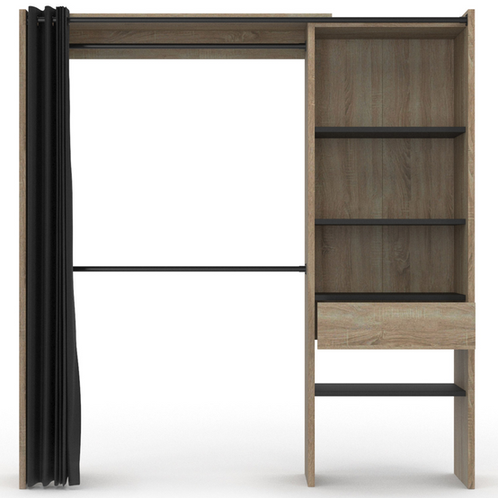 Dressing extensible MARTY 120/170 x 50 x 180 cm hêtre avec étagères + double penderie + rideau noir - Image 3
