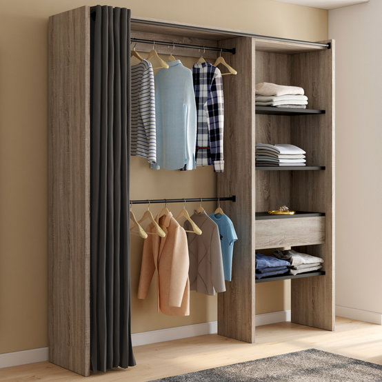 Dressing extensible MARTY 120/170 x 50 x 180 cm hêtre avec étagères + double penderie + rideau noir - Image 1