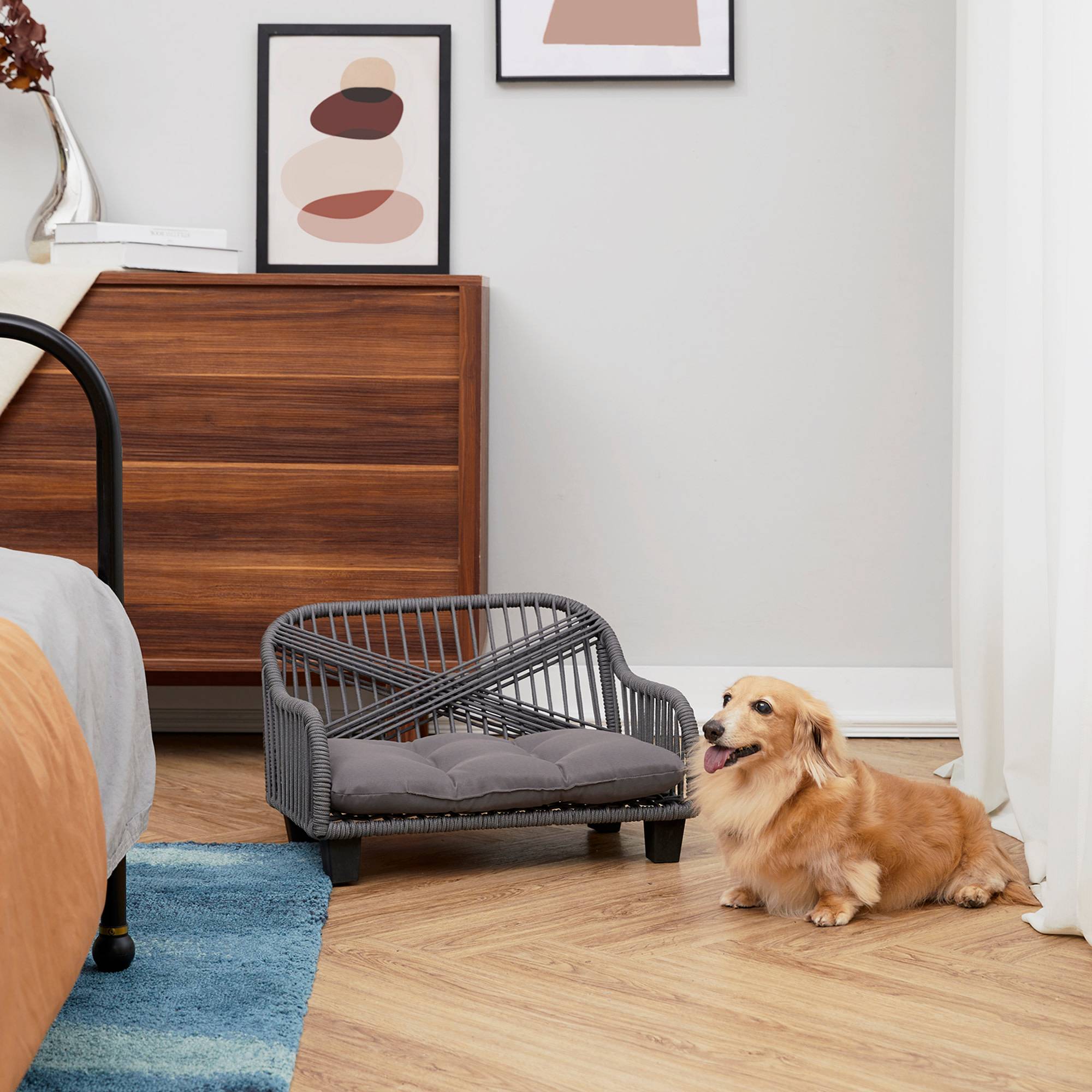 Canapé gris en corde tressée avec coussin lavable pour petit animal - Image 4
