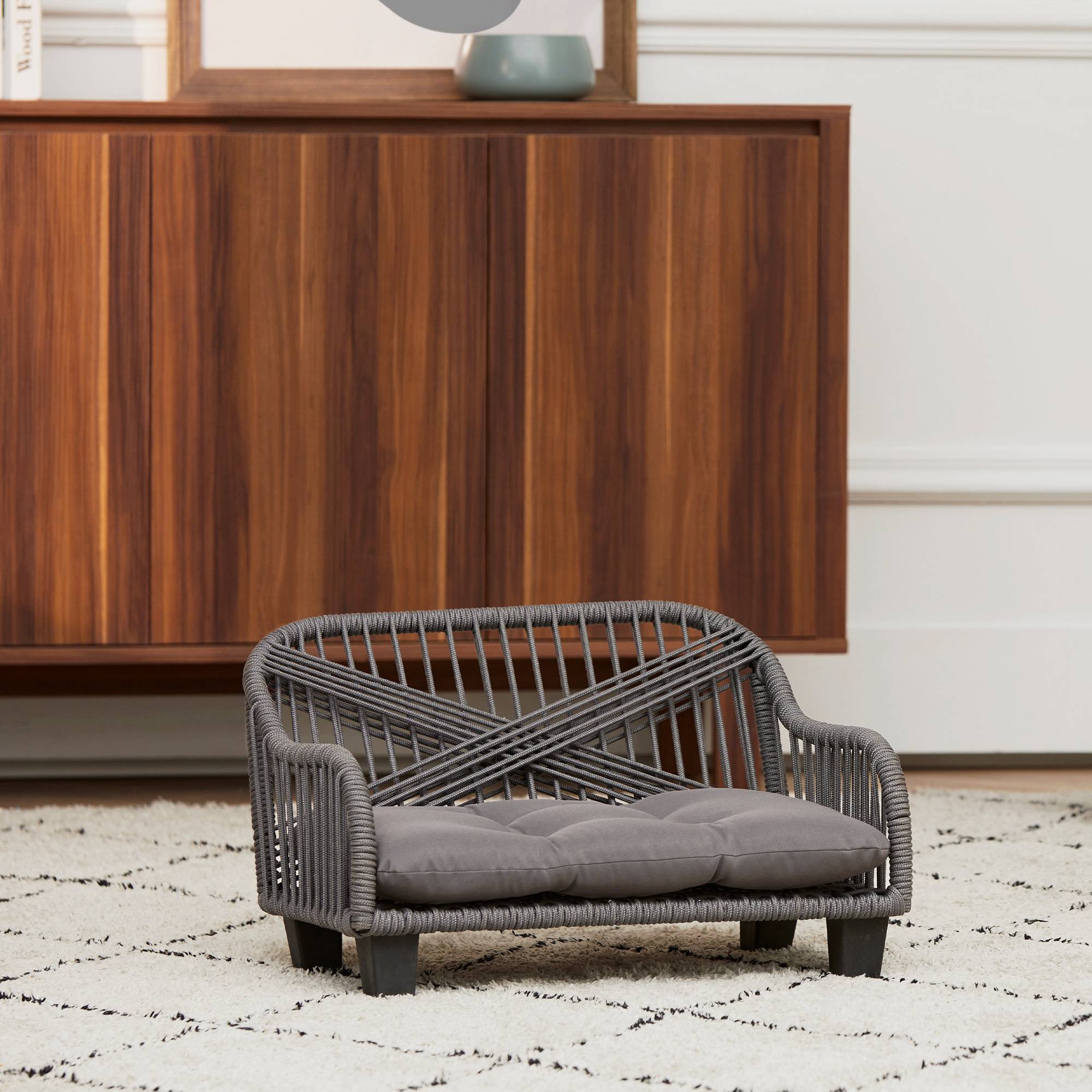 Canapé gris en corde tressée avec coussin lavable pour petit animal - Image 3