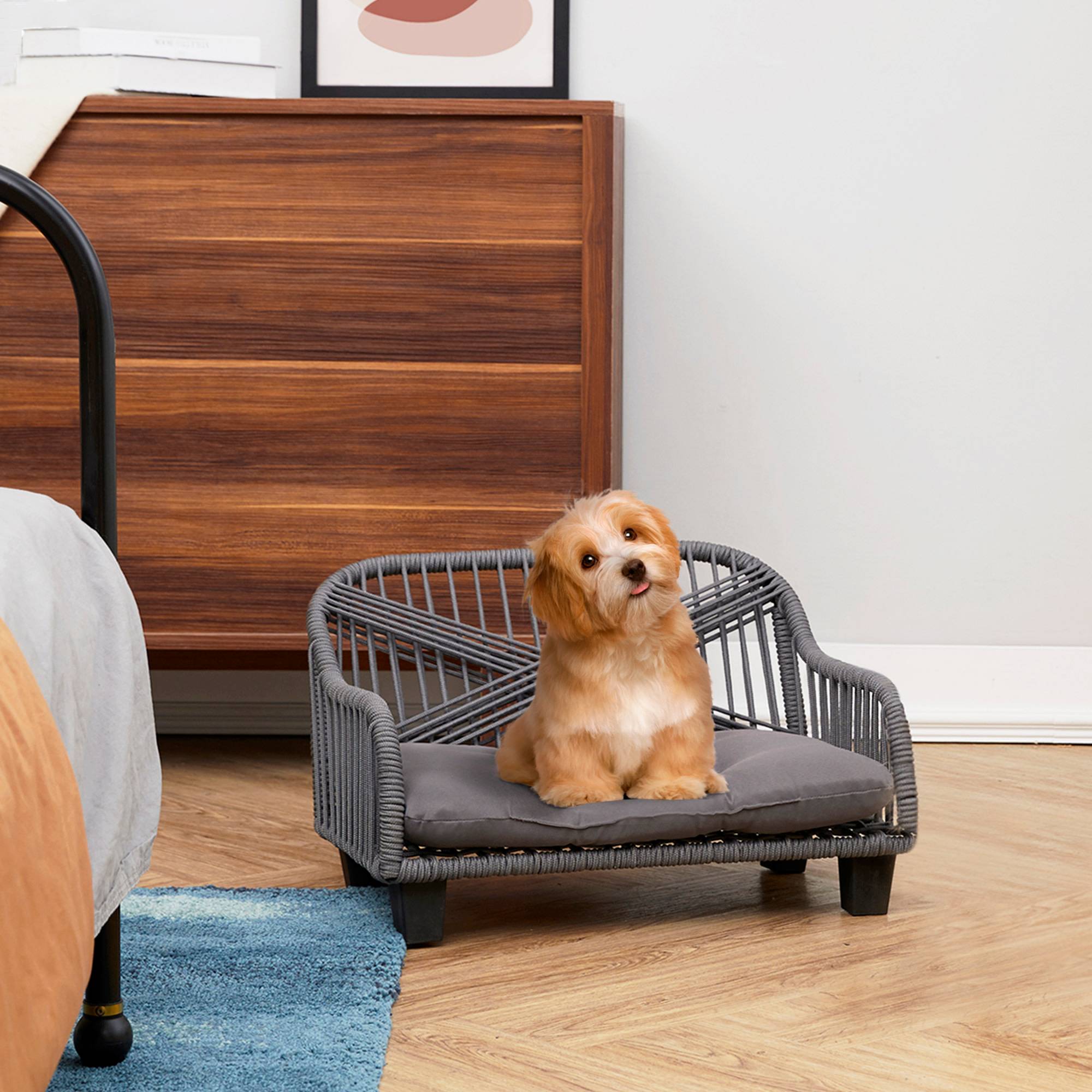 Canapé gris en corde tressée avec coussin lavable pour petit animal